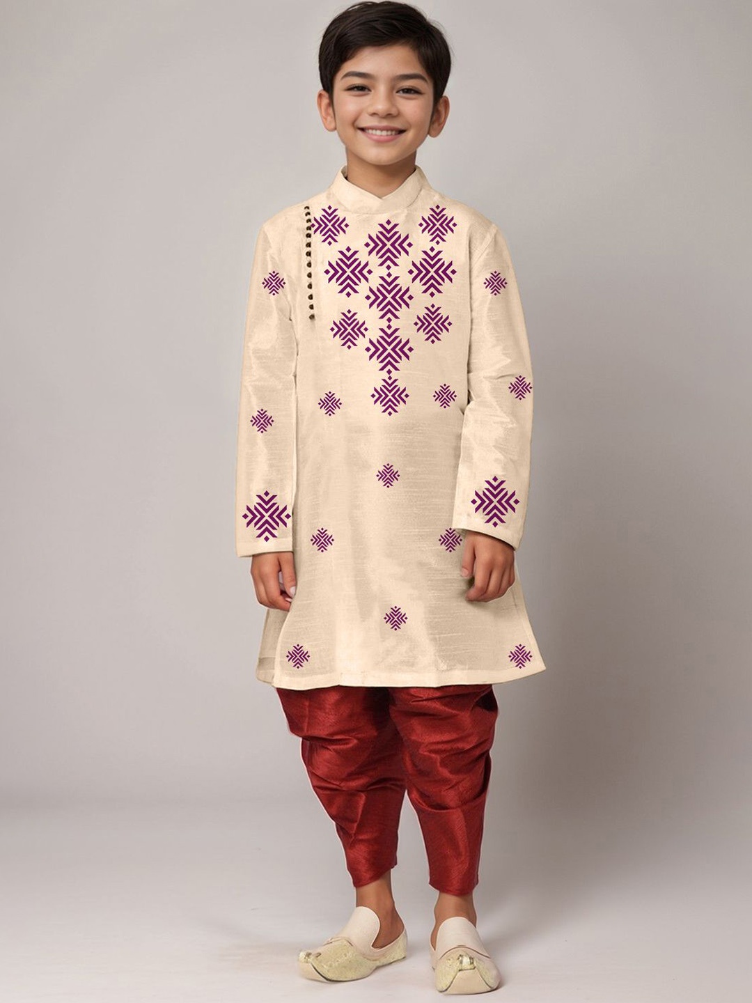 

DEVOILER Boys Geometric Printed Round Neck Straight Kurta, Beige