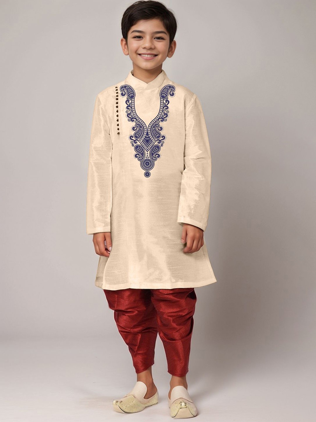 

DEVOILER Boys Paisley Printed Round Neck Straight Kurta, Beige