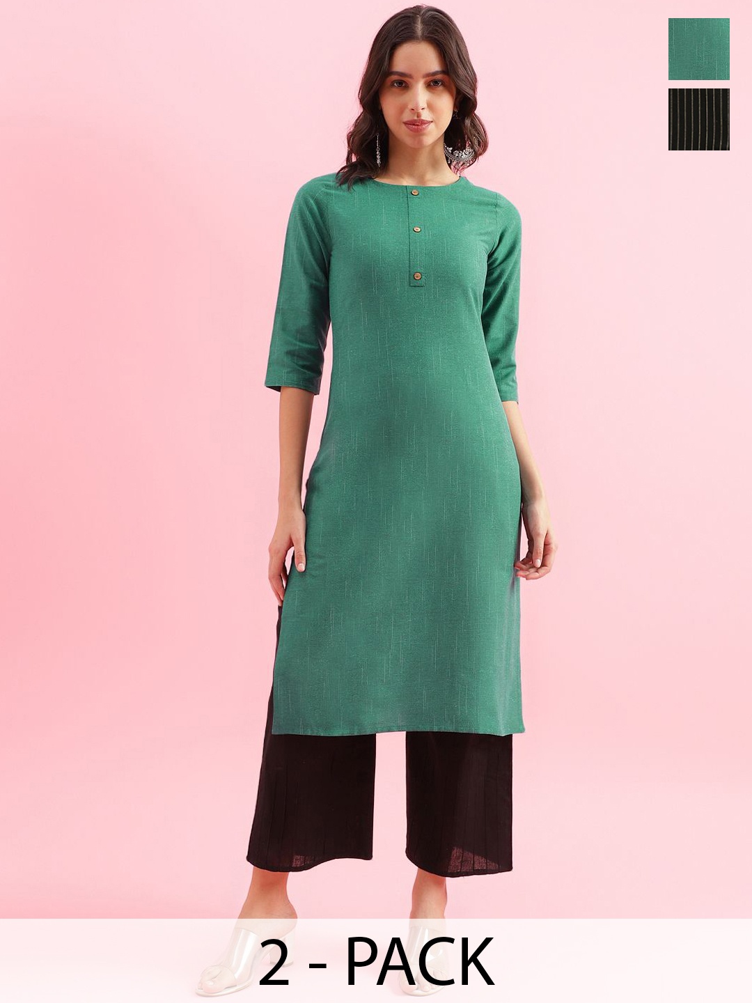 

KALINI Selection Of 2 Geometric Printed Round Neck Straight Kurtas, Green