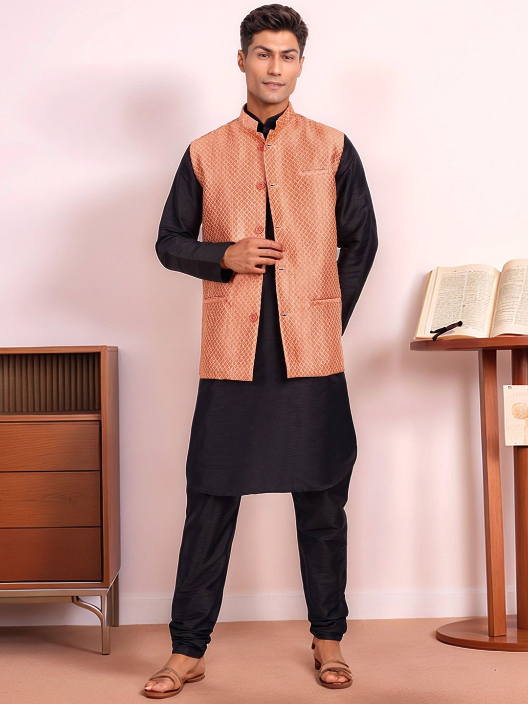 

Moda Rapido Woven Design Mandarin Collar Straight Kurta With Pyjamas & Nehru Jacket, Black