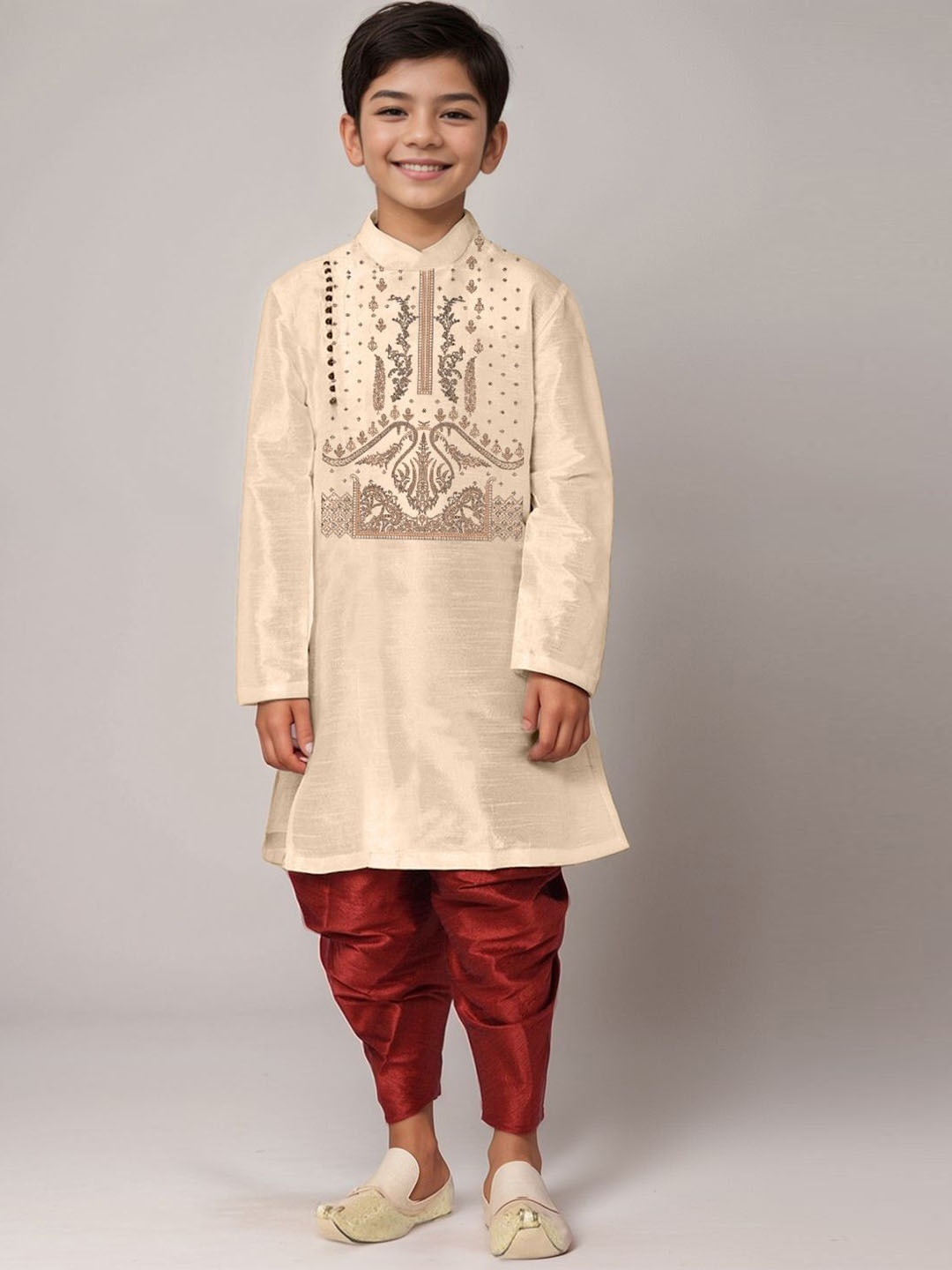 

DEVOILER Boys Ethnic Motifs Printed Round Neck Straight Kurta, Beige