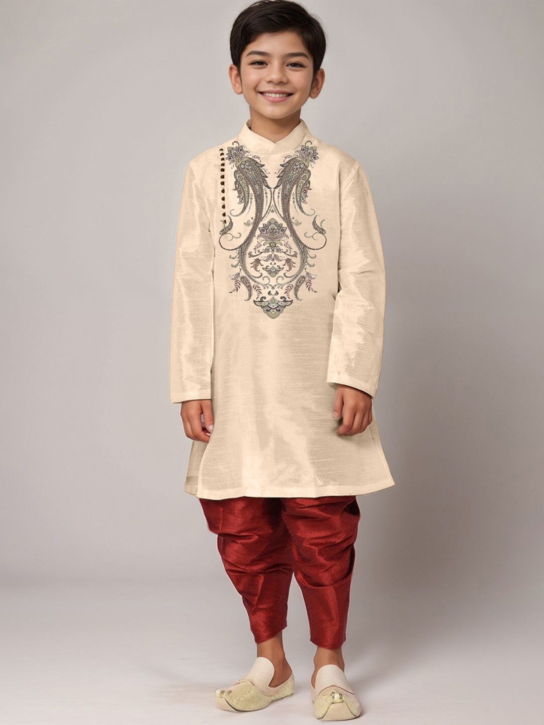 

DEVOILER Boys Ethnic Motifs Printed Round Neck Straight Kurta, Beige