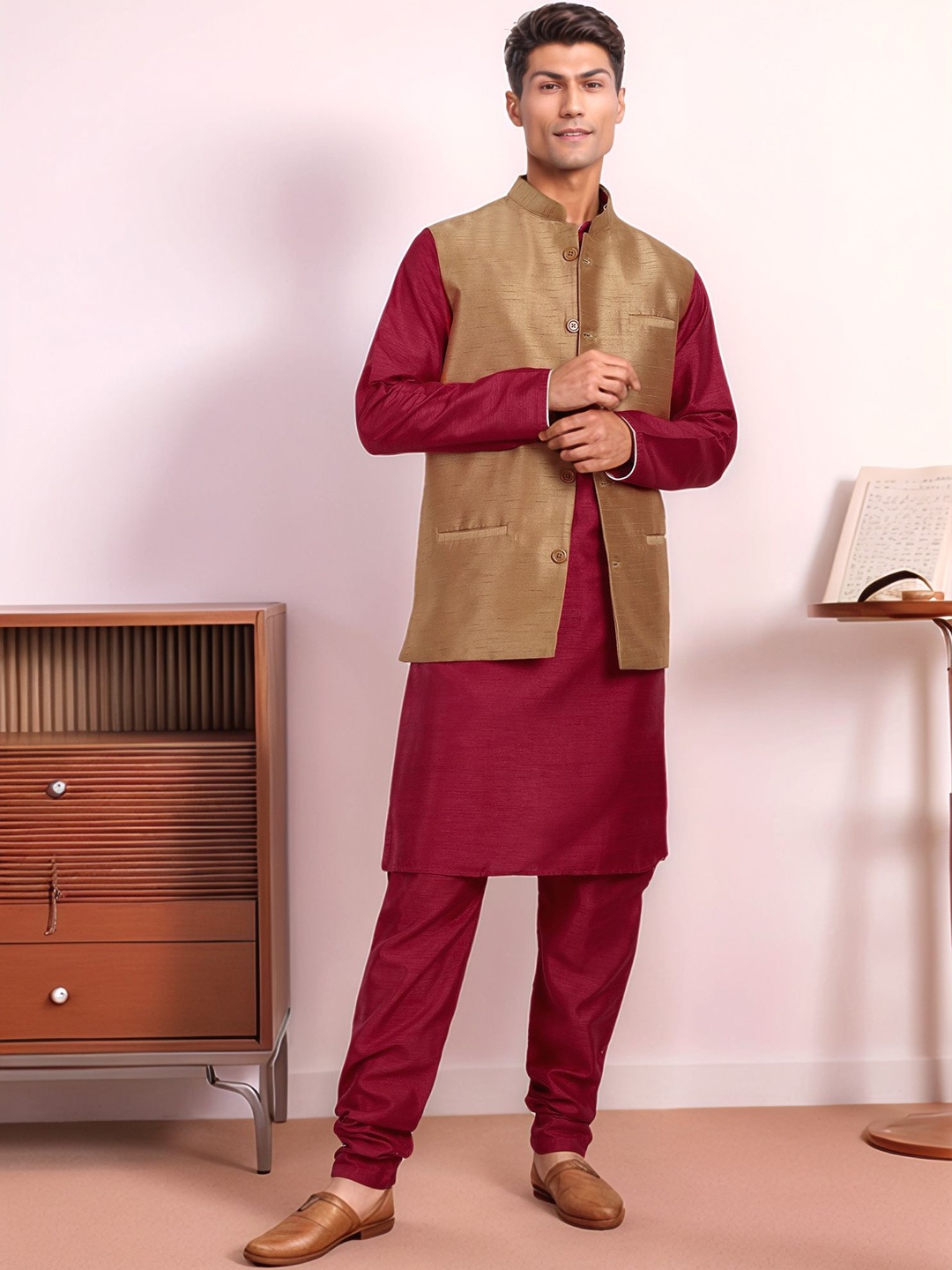 

Moda Rapido Woven Design Mandarin Collar Straight Kurta With Pyjamas & Nehru Jacket, Red