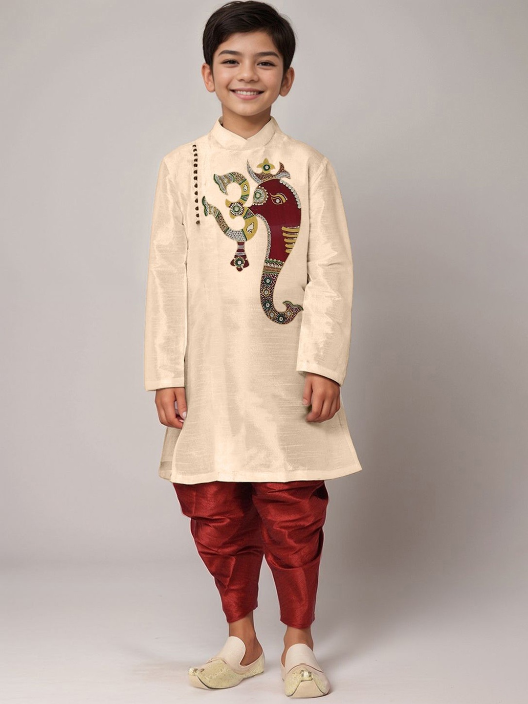 

DEVOILER Boys Woven Design Printed Mandarin Collar Dupion Silk Straight Kurta, Beige