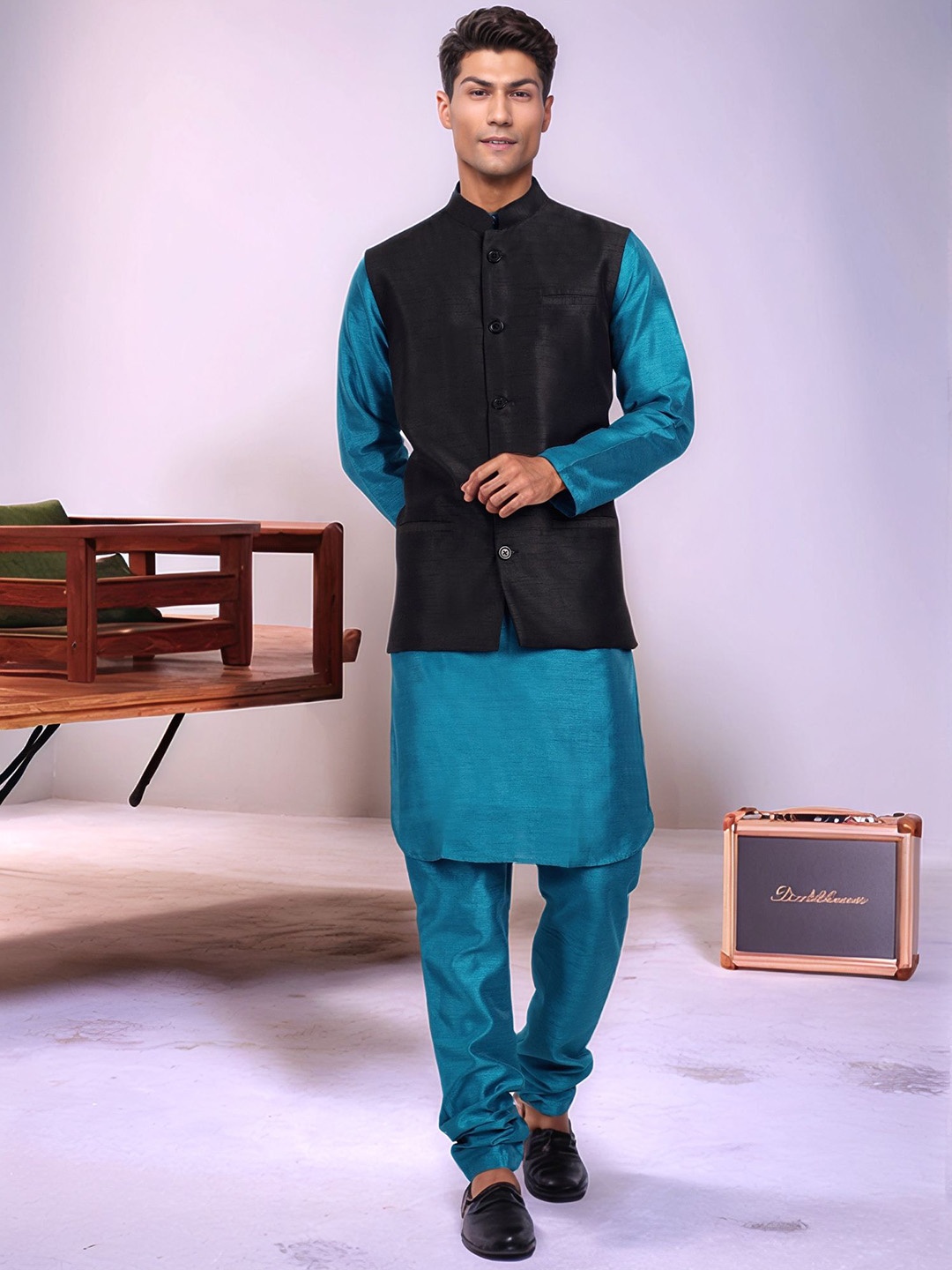 

Moda Rapido Woven Design Mandarin Collar Straight Kurta With Pyjamas & Nehru Jacket, Black