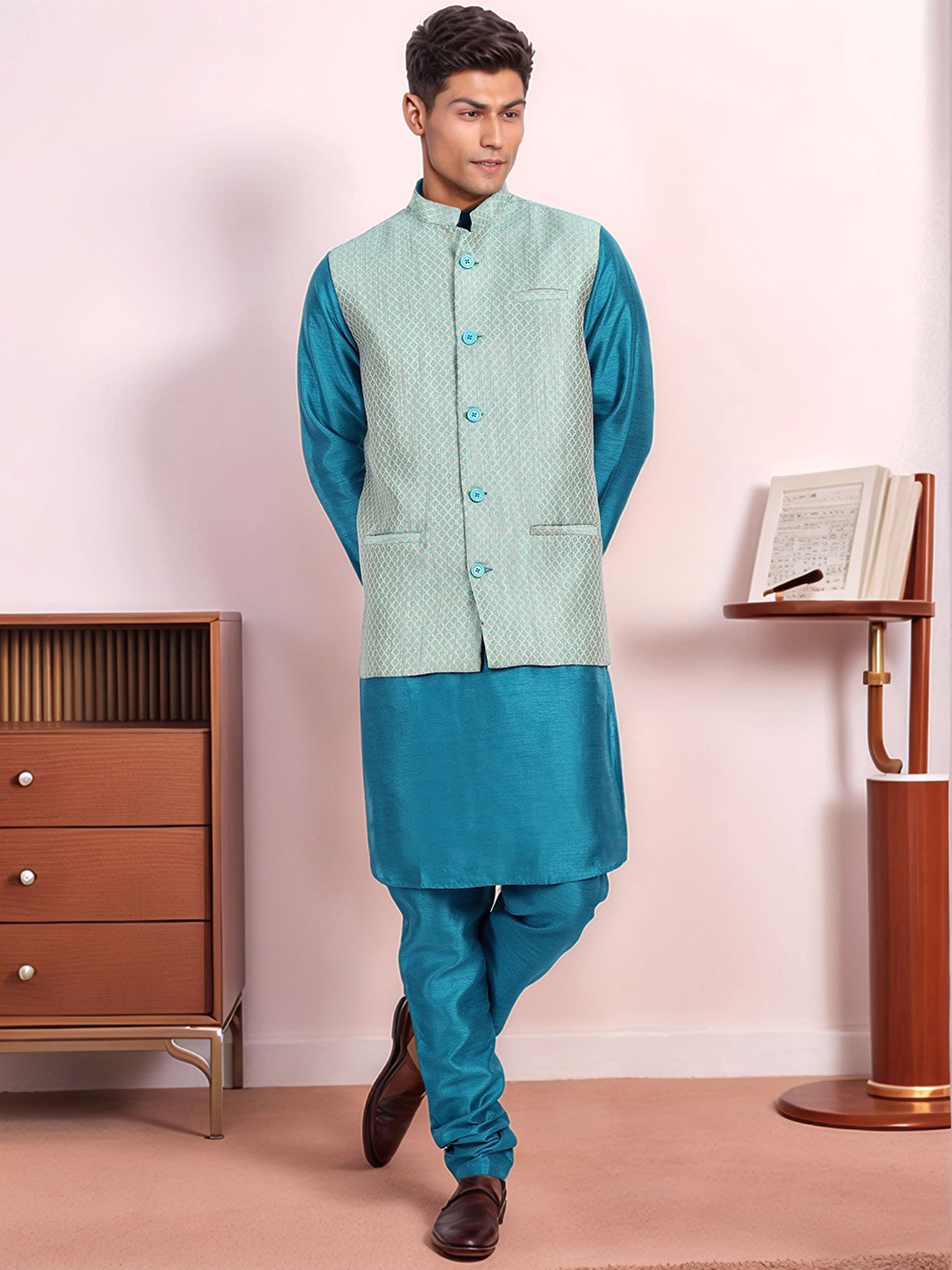 

Moda Rapido Woven Design Mandarin Collar Straight Kurta With Pyjamas & Nehru Jacket, Turquoise blue