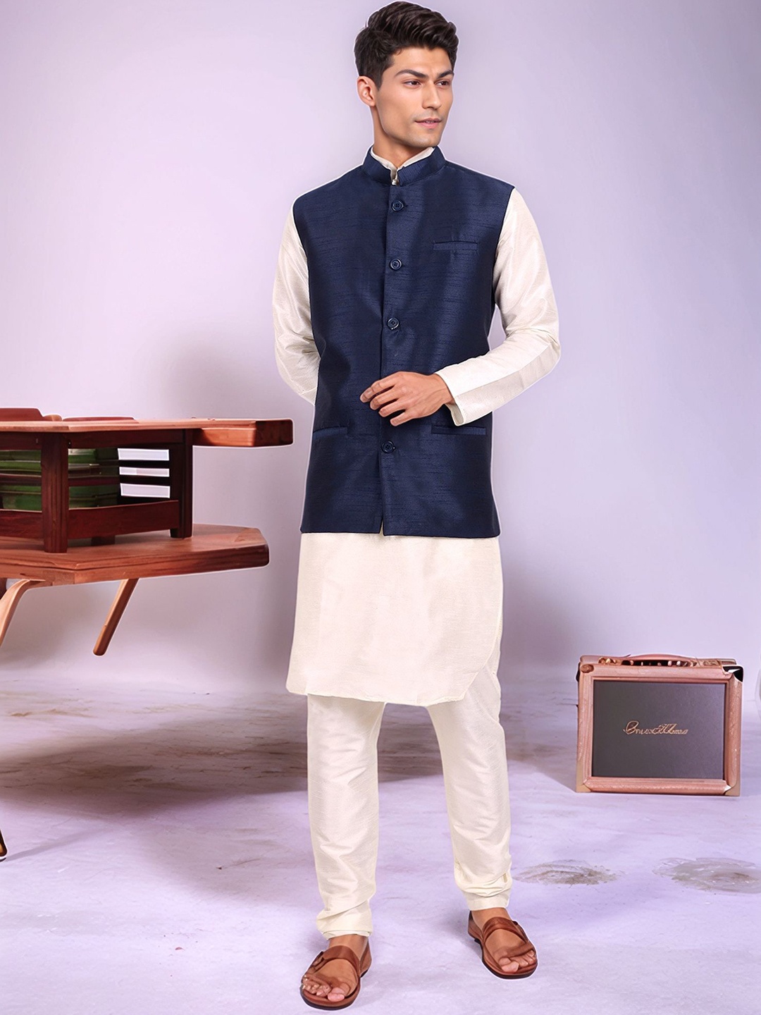 

Moda Rapido Woven Design Mandarin Collar Straight Kurta With Pyjamas & Nehru Jacket, Off white