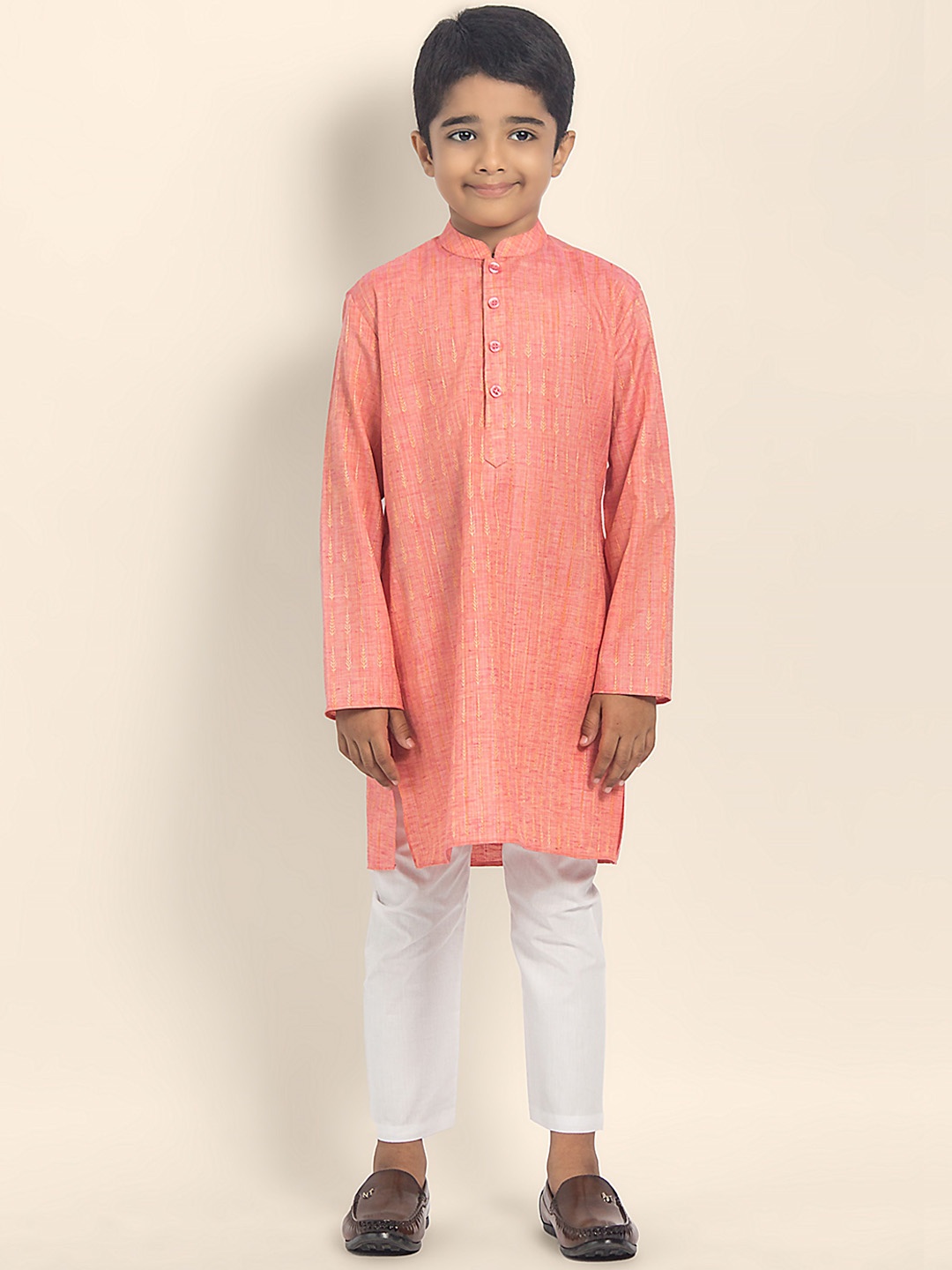 

DEVOILER Boys Woven Design Mandarin Collar Straight Kurta, Peach