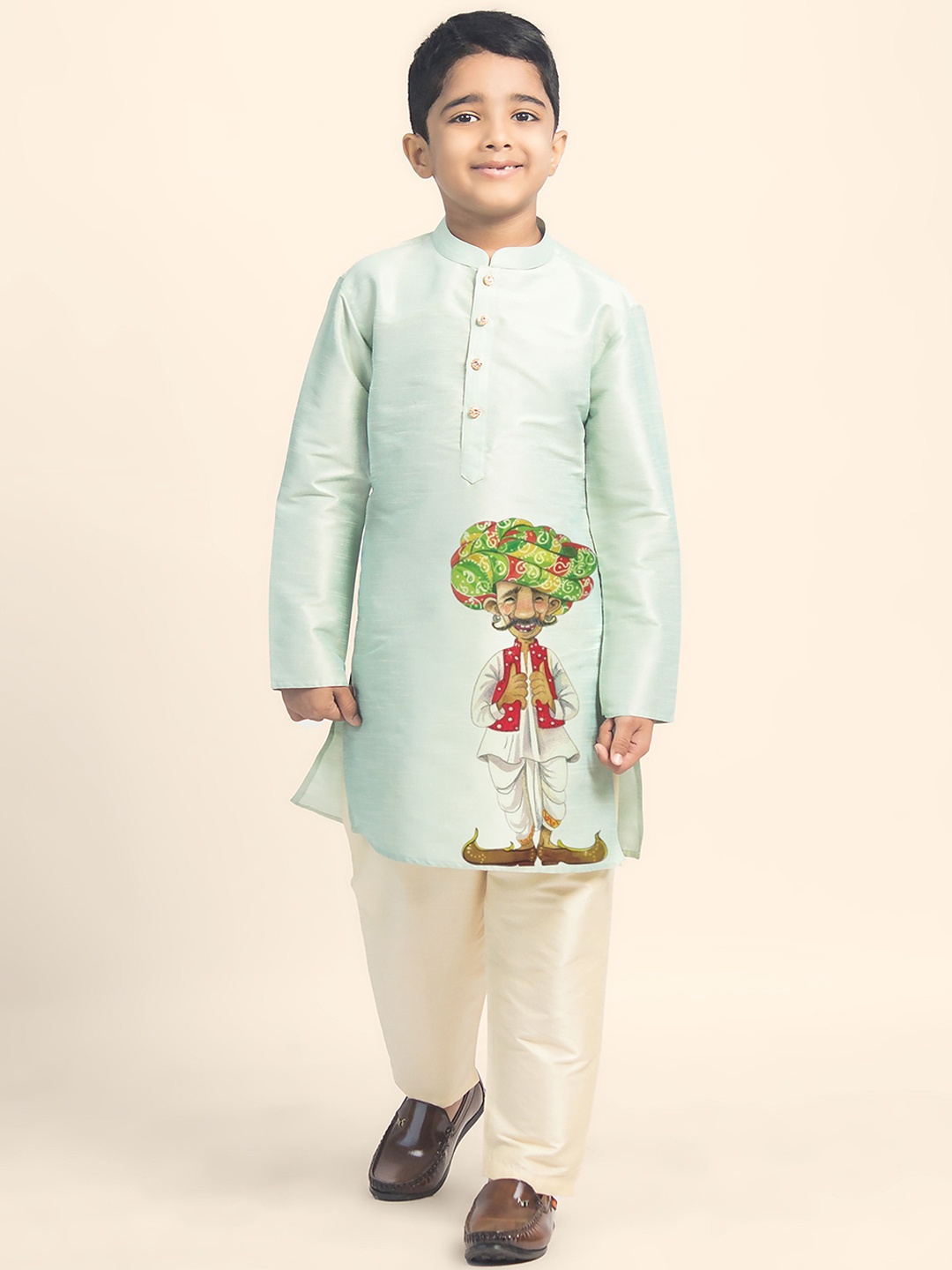 

DEVOILER Boys Woven Design Printed Mandarin Collar Dupion Silk Straight Kurta, Sea green