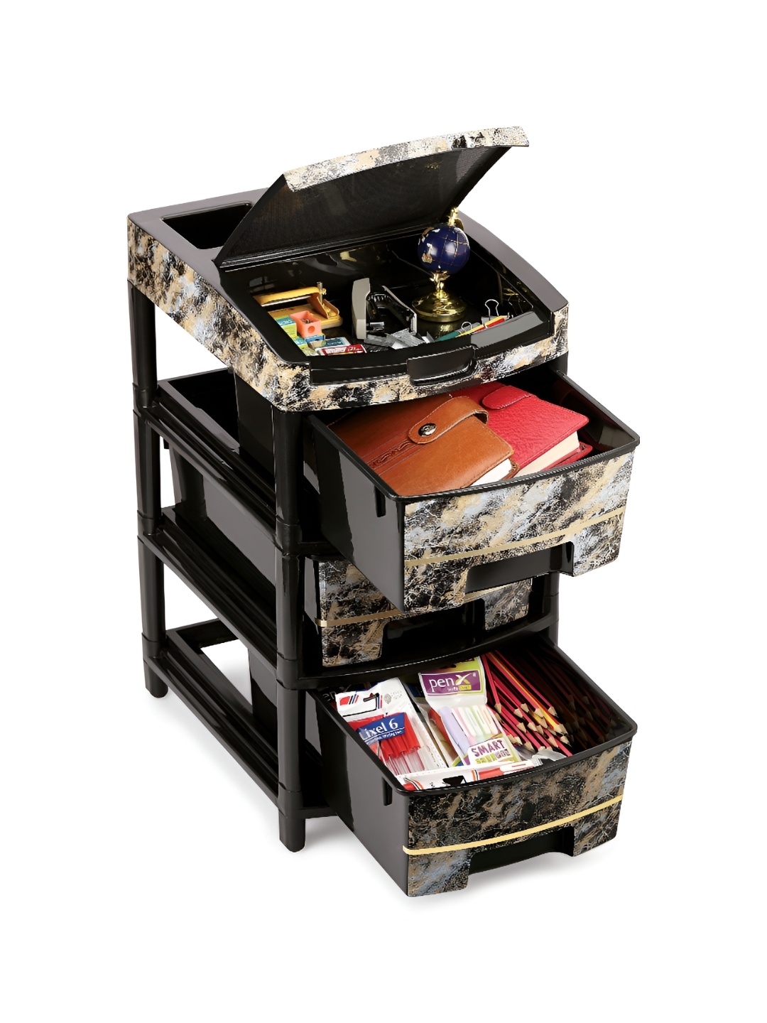 

NABHYA Orry Black & Cream Colored Printed 3 Rack Drawer Modular Chest Storage Organizer