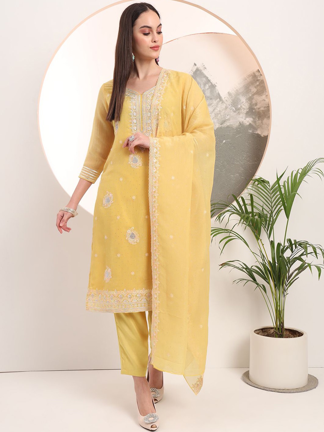 

Yufta Ethnic Motifs Embroidered Beads and Stones Kurta with Trouser & Dupatta, Yellow