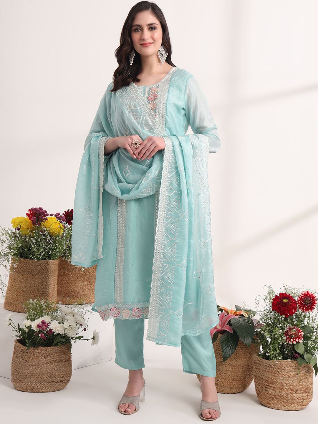 

Yufta Floral Embroidered Straight Kurta with Trousers & Dupatta, Blue