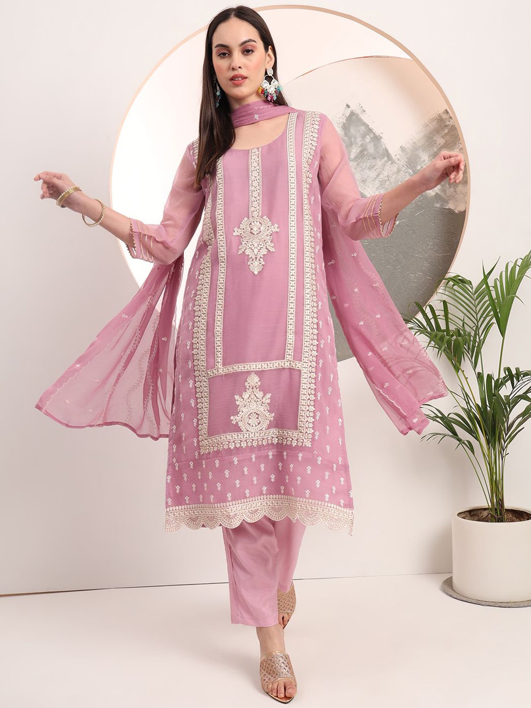 

Yufta Ethnic Motifs Embroidered Thread Work Straight Kurta with Trouser & Dupatta, Lavender