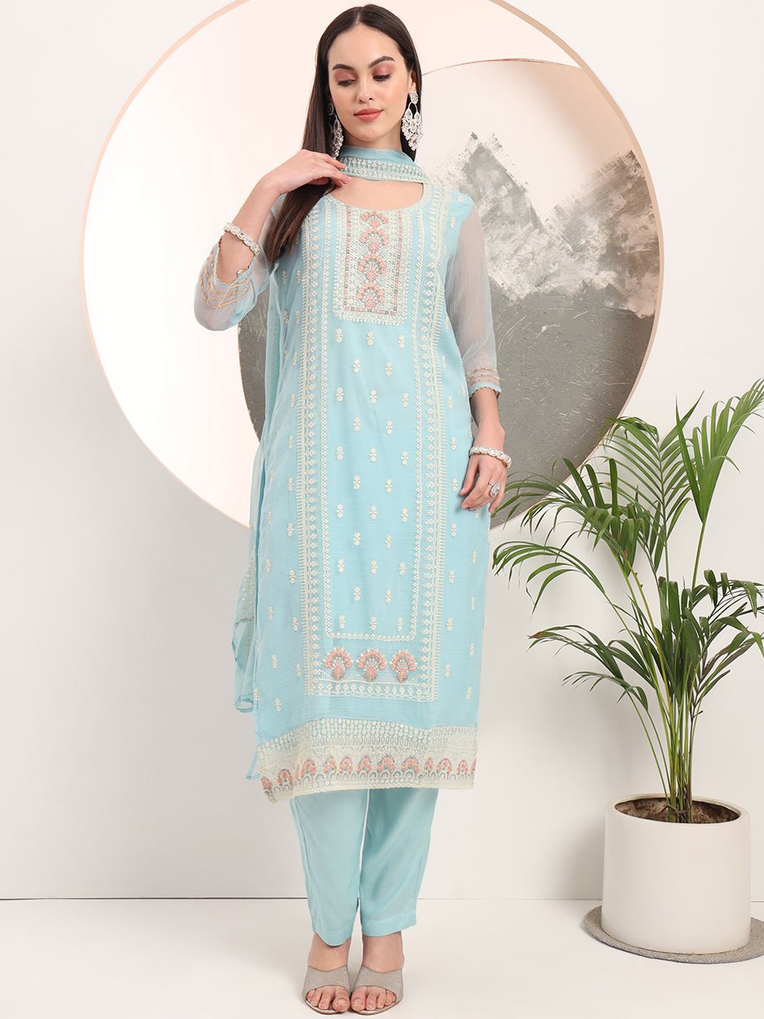 

Yufta Ethnic Motifs Embroidered Thread Work Straight Kurta with Trouser & Dupatta, Blue