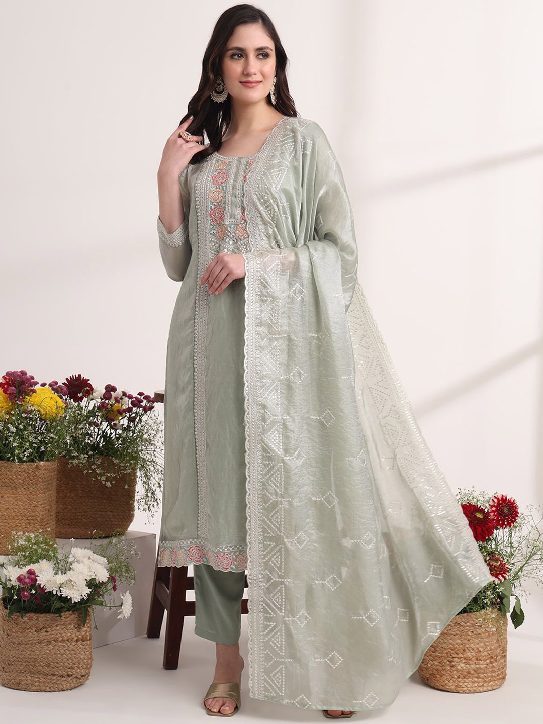 

Yufta Ethnic Motifs Embroidered Thread Work Straight Kurta with Trousers & Dupatta, Green