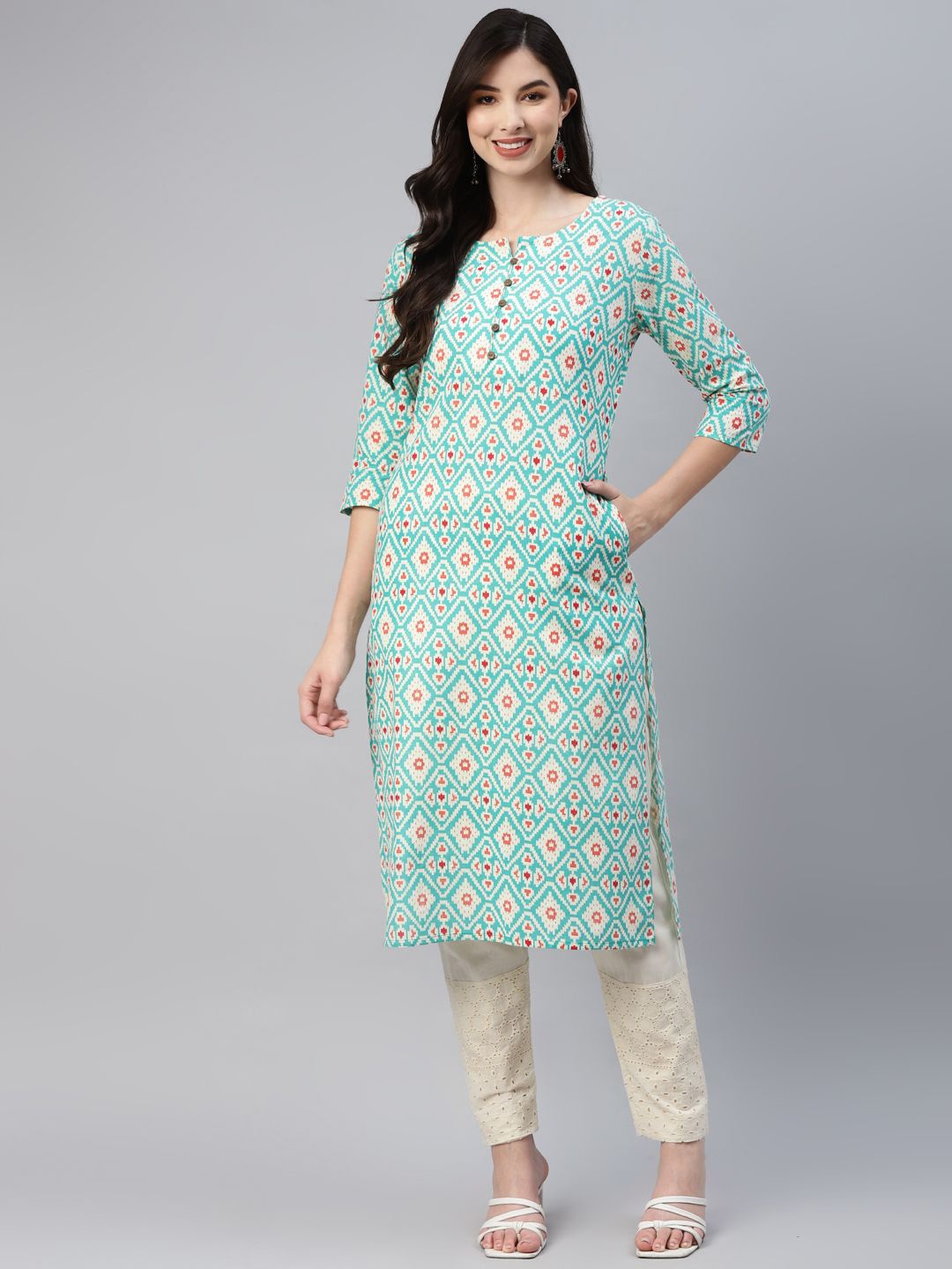 

BAESD Ethnic Motifs Printed Round Neck Pure Cotton Straight Kurtas, Turquoise blue