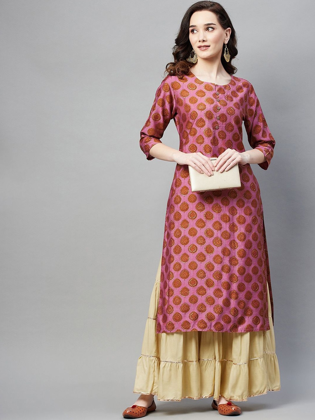 

BAESD Ethnic Motifs Printed Round Neck Pure Cotton Straight Kurtas, Pink