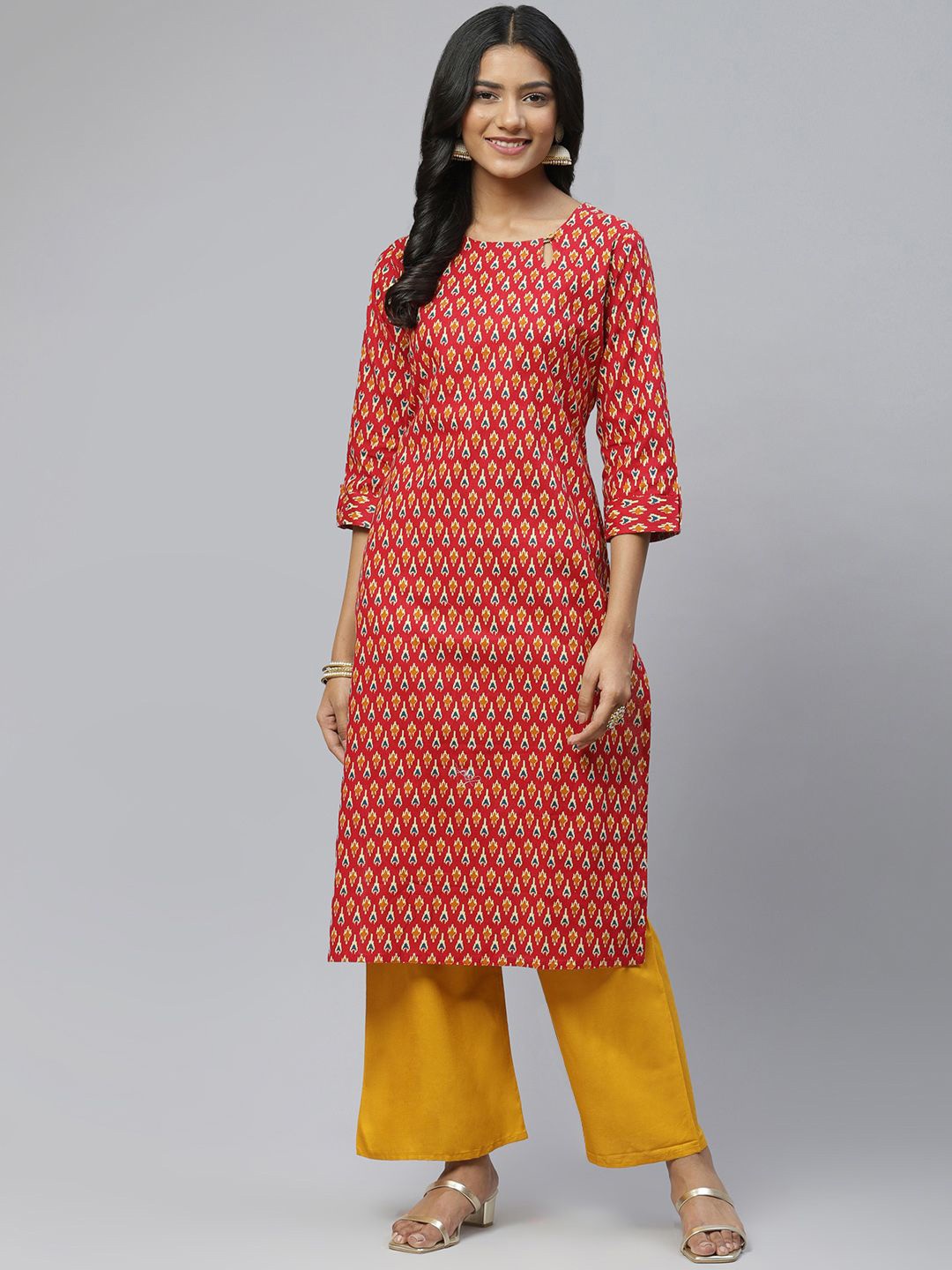 

BAESD Geometric Printed Cotton Round Neck Straight Kurta, Red