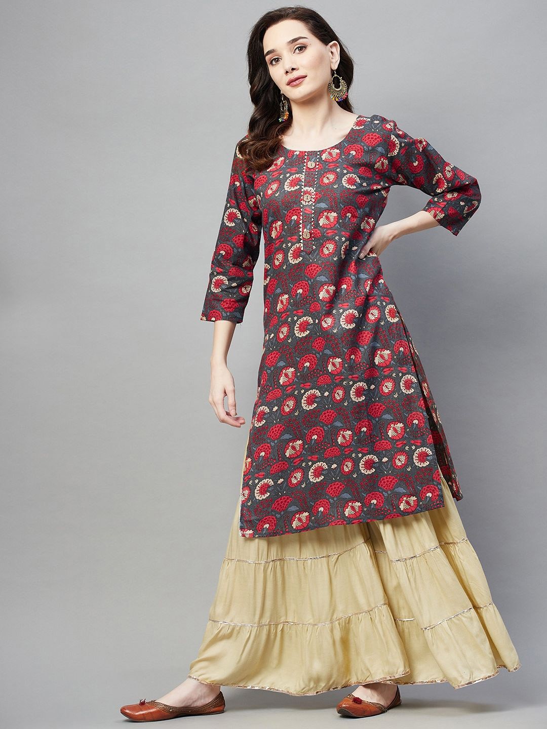 

BAESD Cotton Floral Printed Round Neck Straight Kurta, Grey