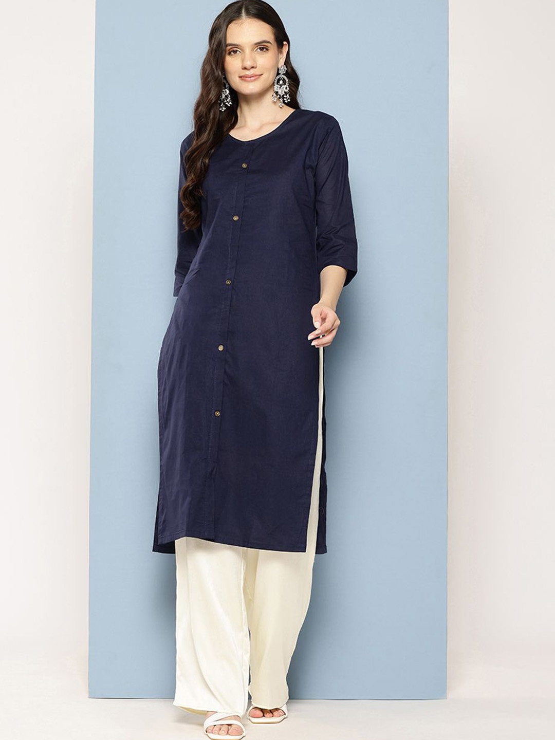 

BAESD Round Neck Pure Cotton Straight Kurtas, Navy blue