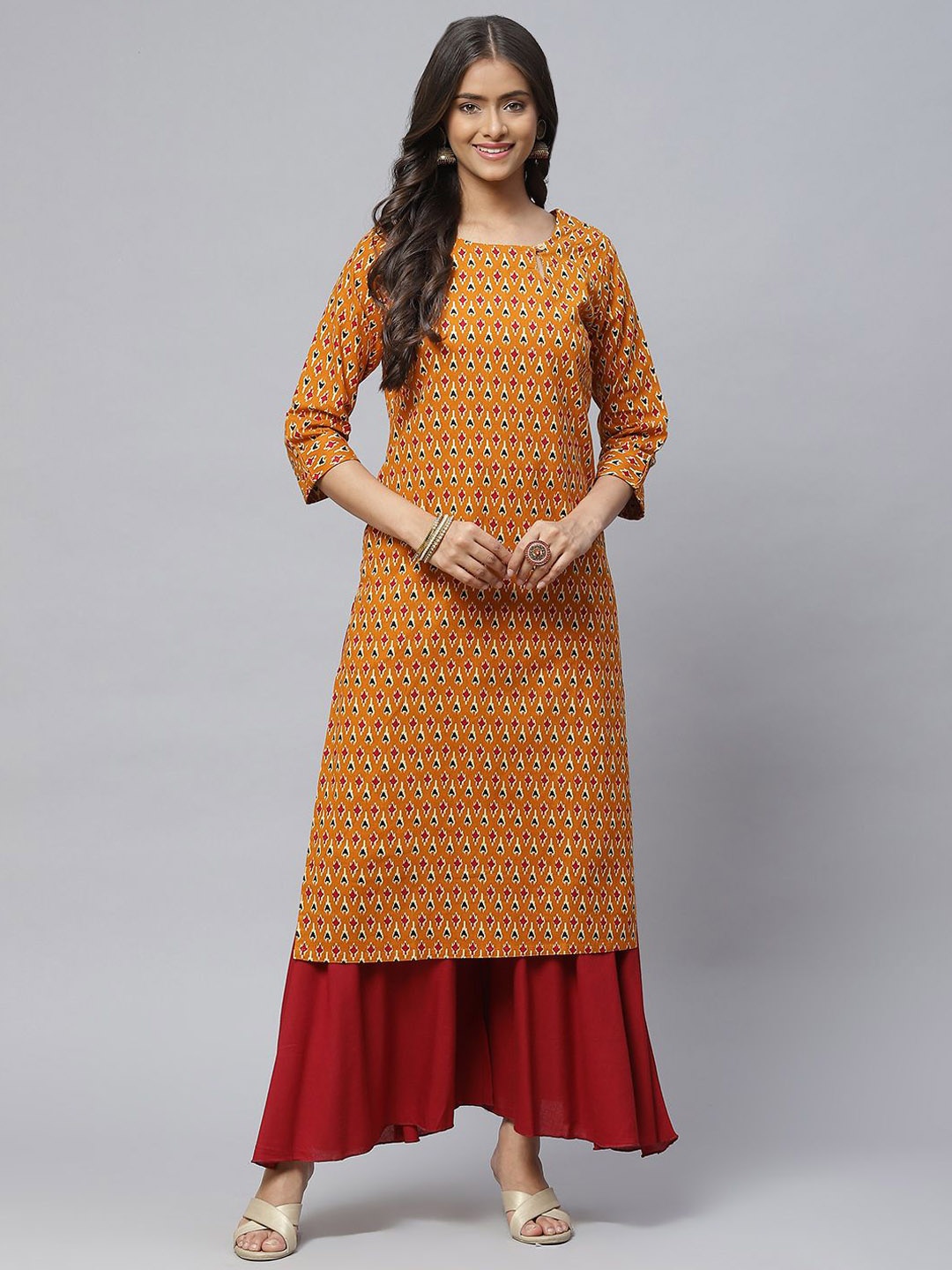 

BAESD Ethnic Motifs Printed Round Neck Pure Cotton Straight Kurtas, Mustard