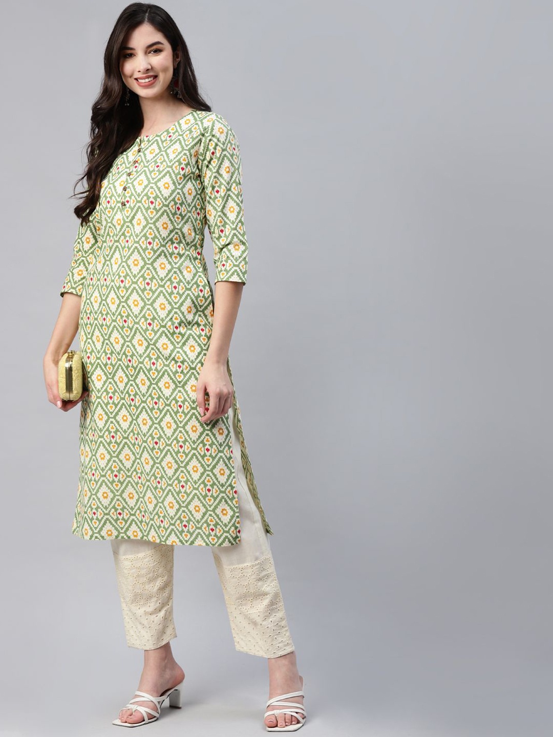 

BAESD Ethnic Motifs Round Neck Pure Cotton Straight Printed Kurta, Green