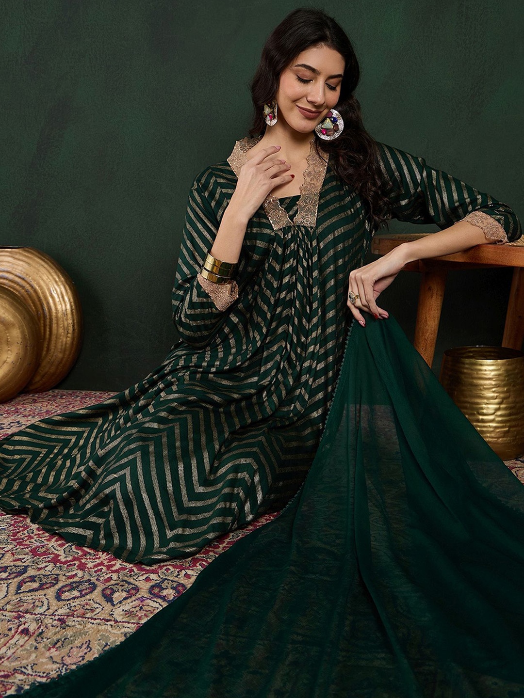 

Sangria Black Chevron Printed Thread Work V-Neck Anarkali Kurta With Palazzo And Dupatta