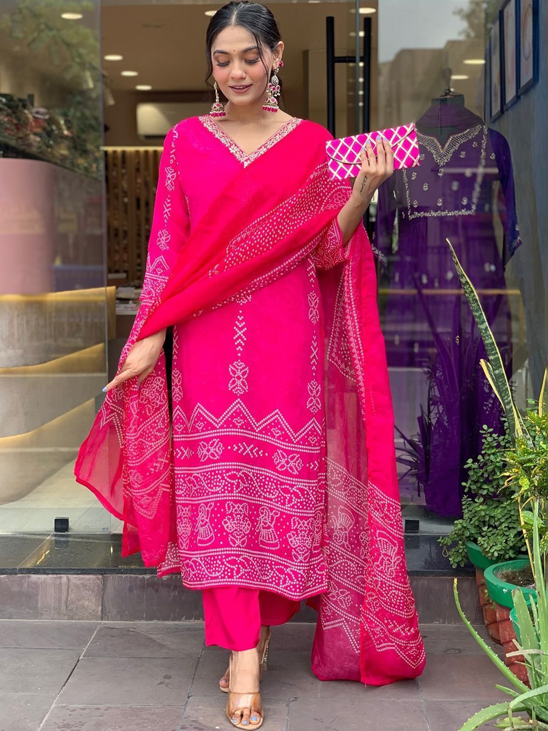 

Ethnic Yard Bandhani Printed Thread Work Straight Kurta With Trouser & Dupatta, Pink