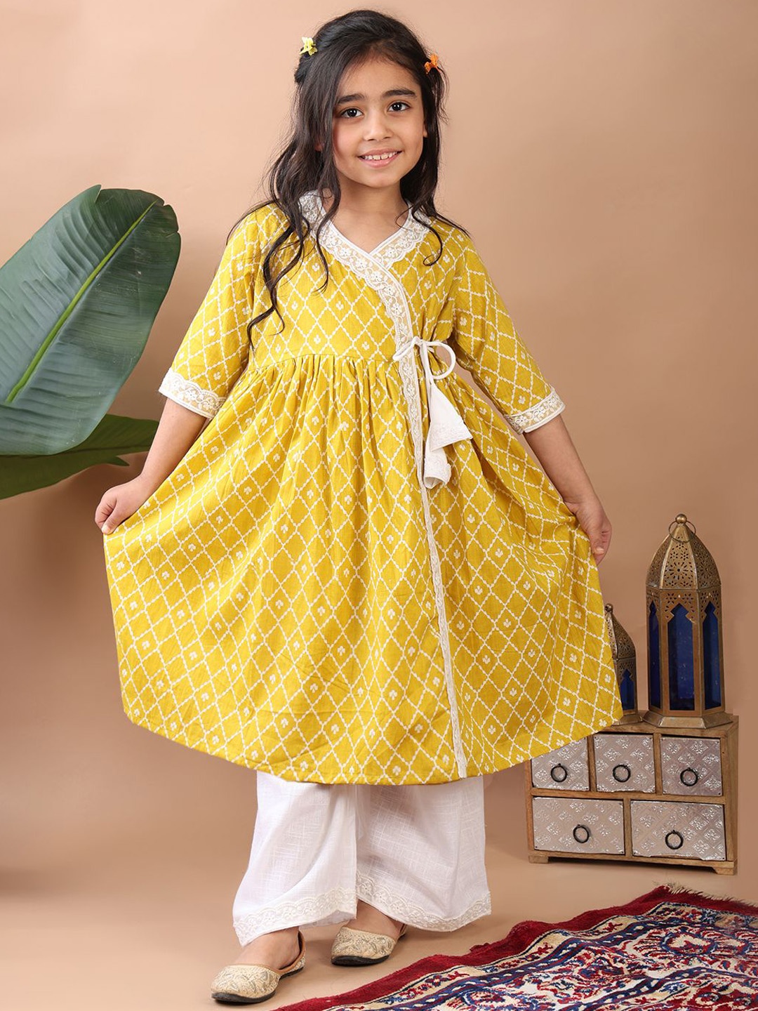 

Sangria Girls Yellow Angrakha Ethnic Motifs Printed Cotton Anarkali Kurta With Palazzos