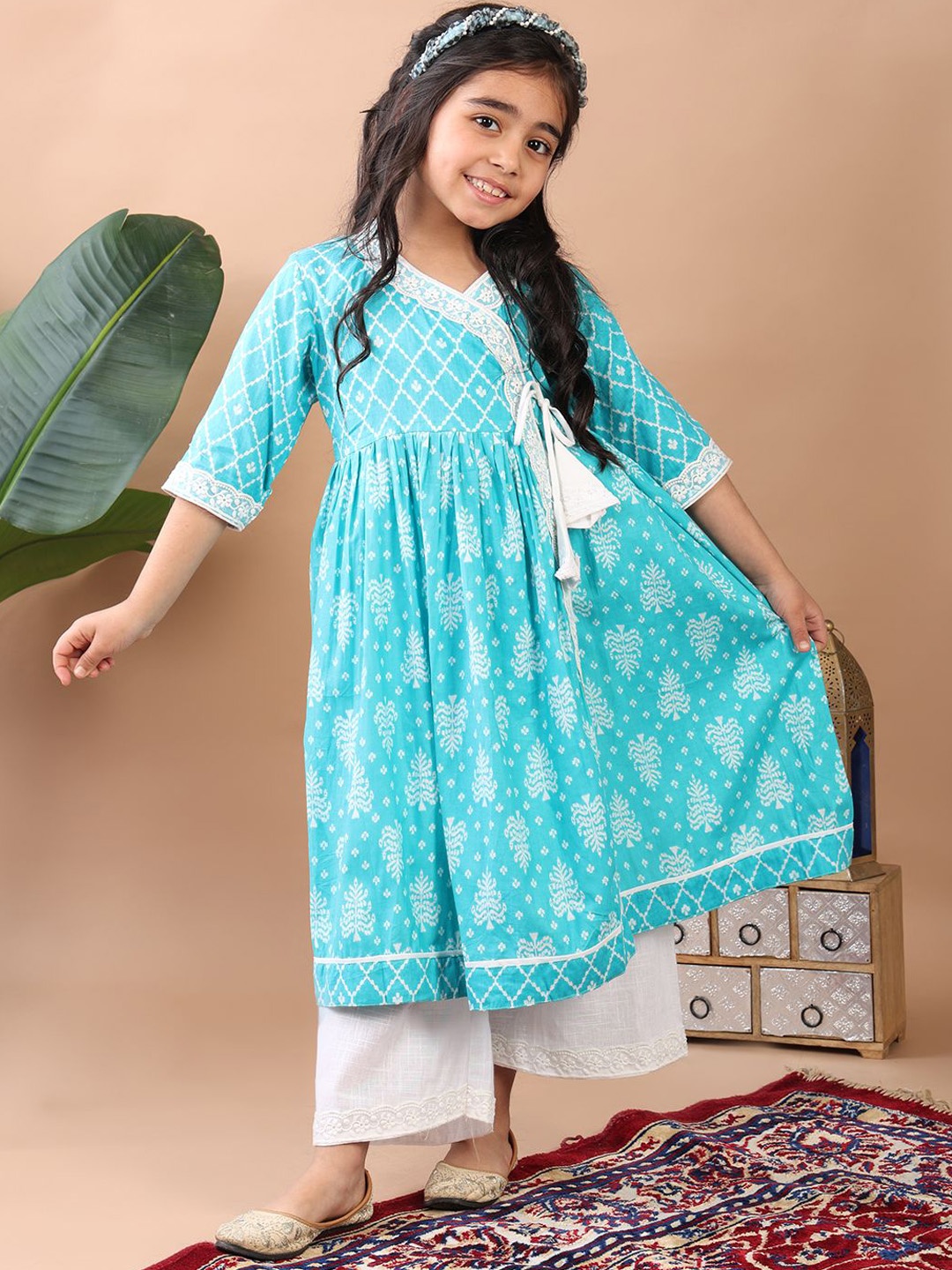 

Sangria Girls Blue Angrakha Ethnic Motifs Printed Pure Cotton Anarkali Kurta With Palazzos