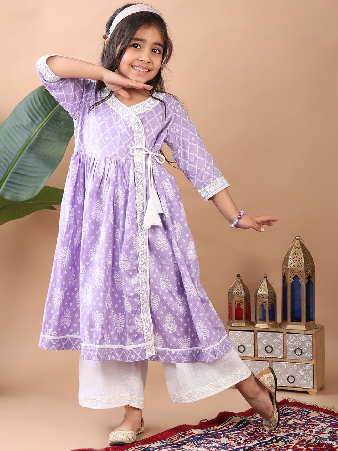 

Sangria Girls Yellow Angrakha Floral Printed Cotton Anarkali Kurta With Palazzos, Purple