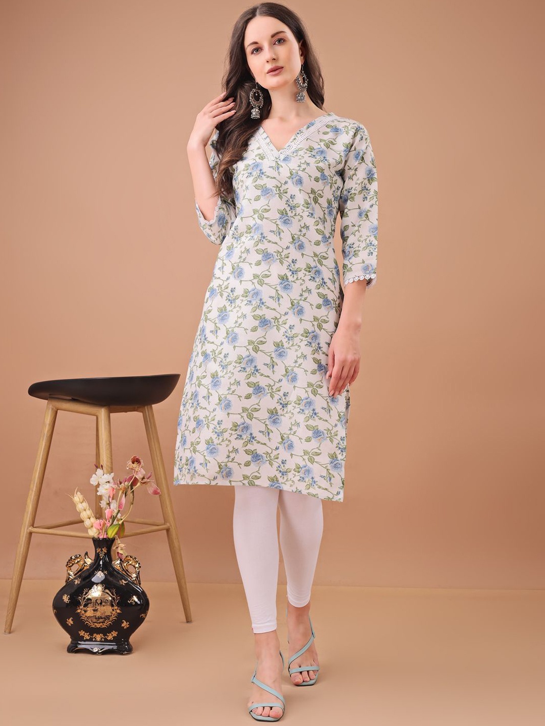 

Valdona Floral Printed V-Neck Pure Cotton Straight Kurta, White