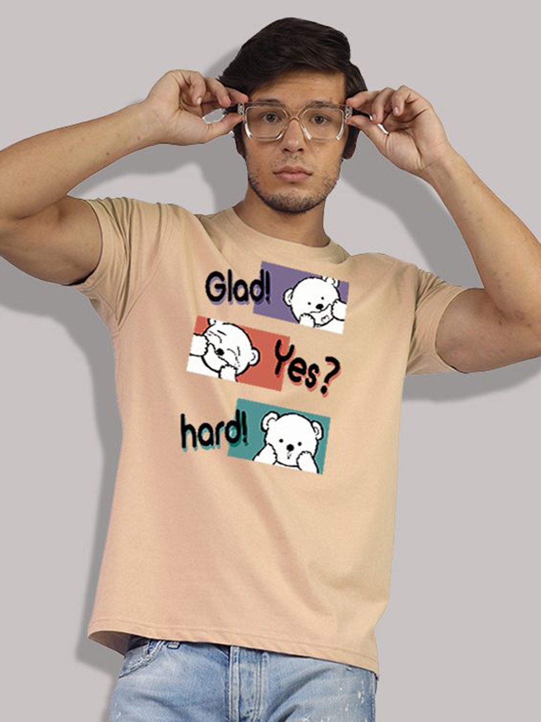 

Greylongg Men Graphic Printed Round Neck Cotton T-shirt, Beige