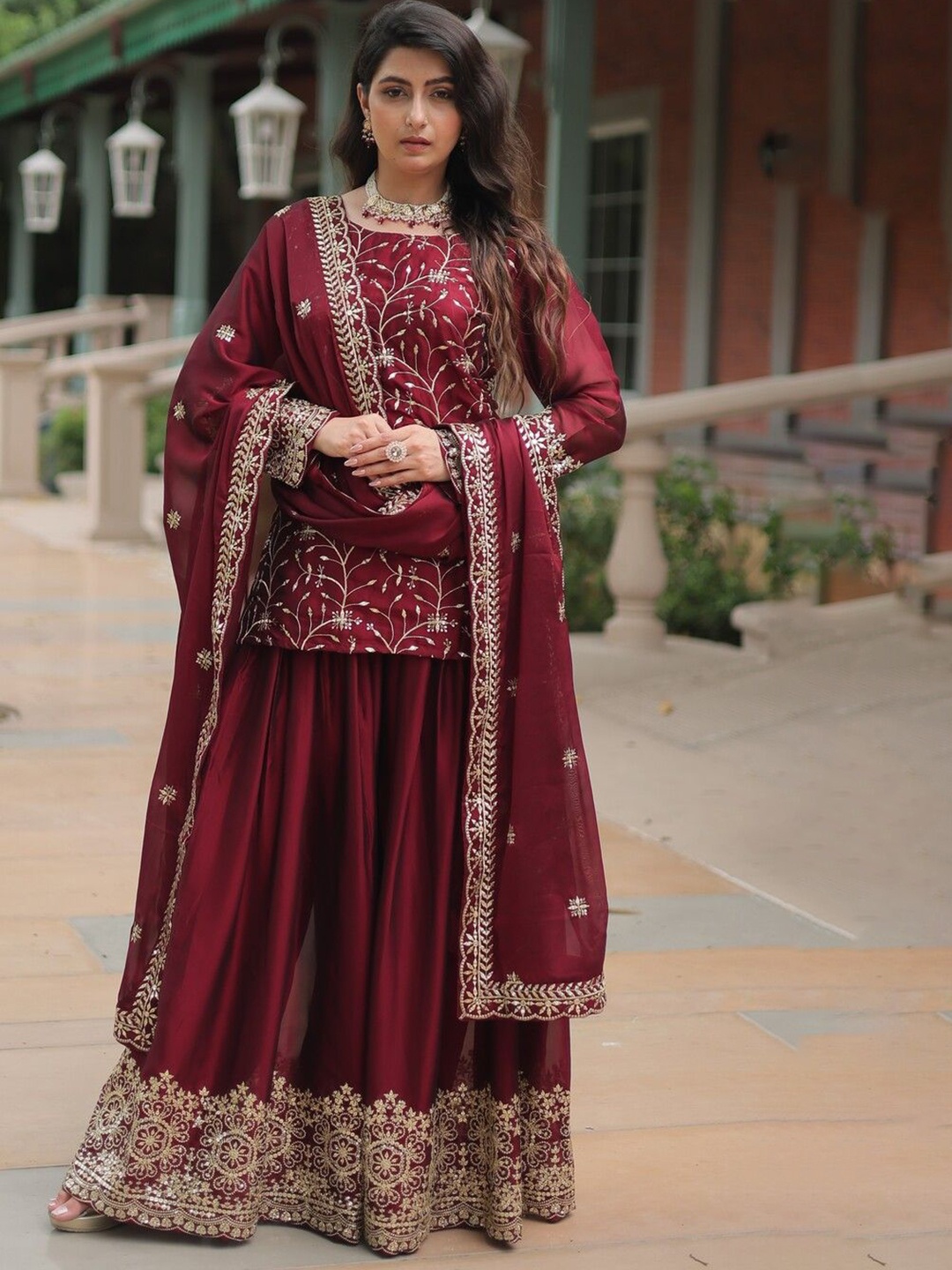 

Ethnic Yard Floral Embroidered Square Neck Sequinned Straight Kurti With Palazzo & Dupatta, Maroon