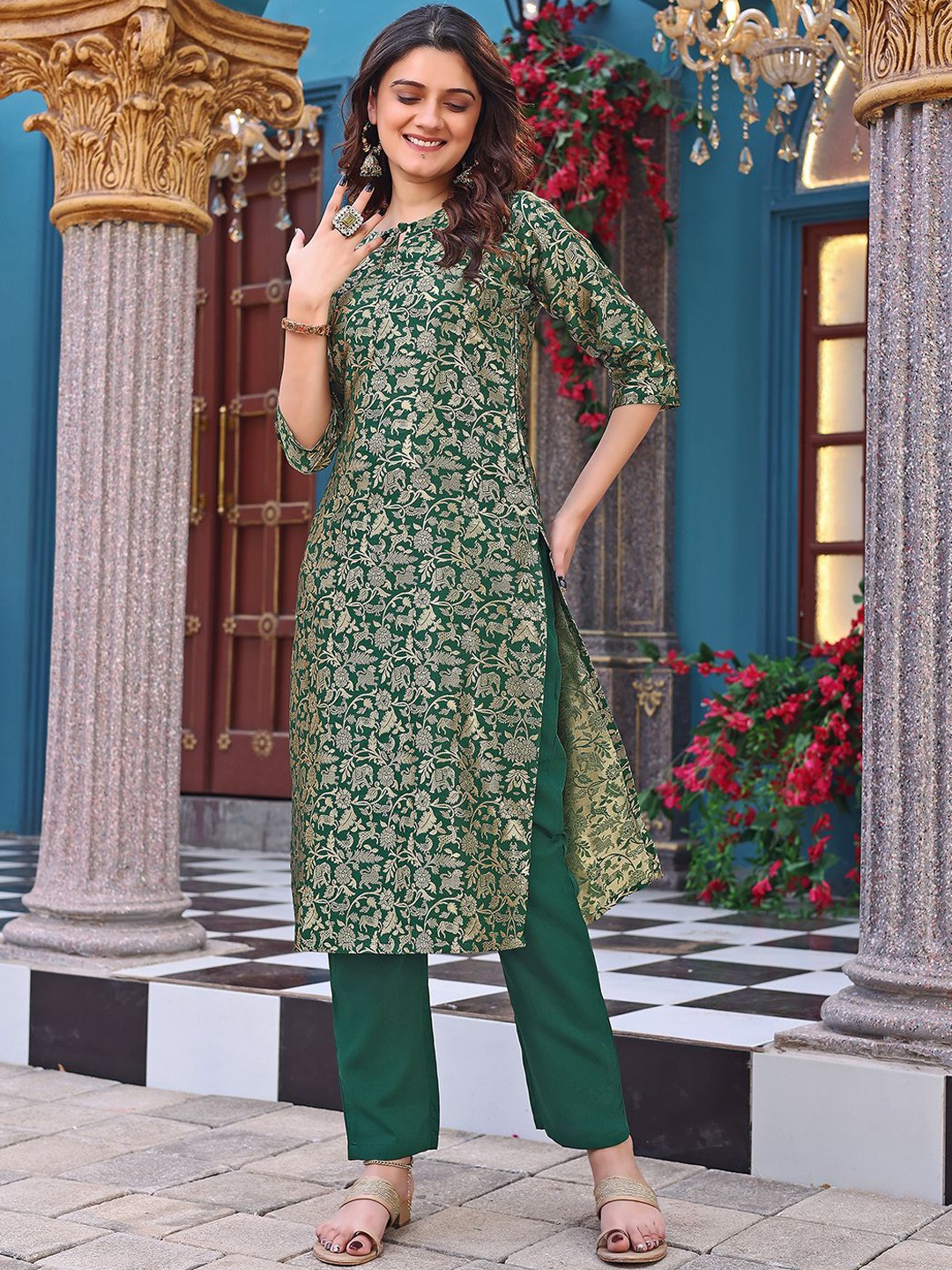 

Kedar Fab Ethnic Motifs Woven Design Straight Notch-Neck Kurta With Trouser, Green