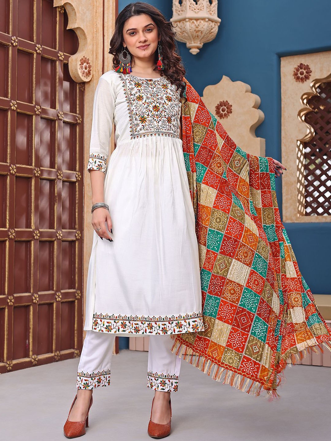 

Kedar Fab Floral Embroidered Pleated Straight Kurta, White