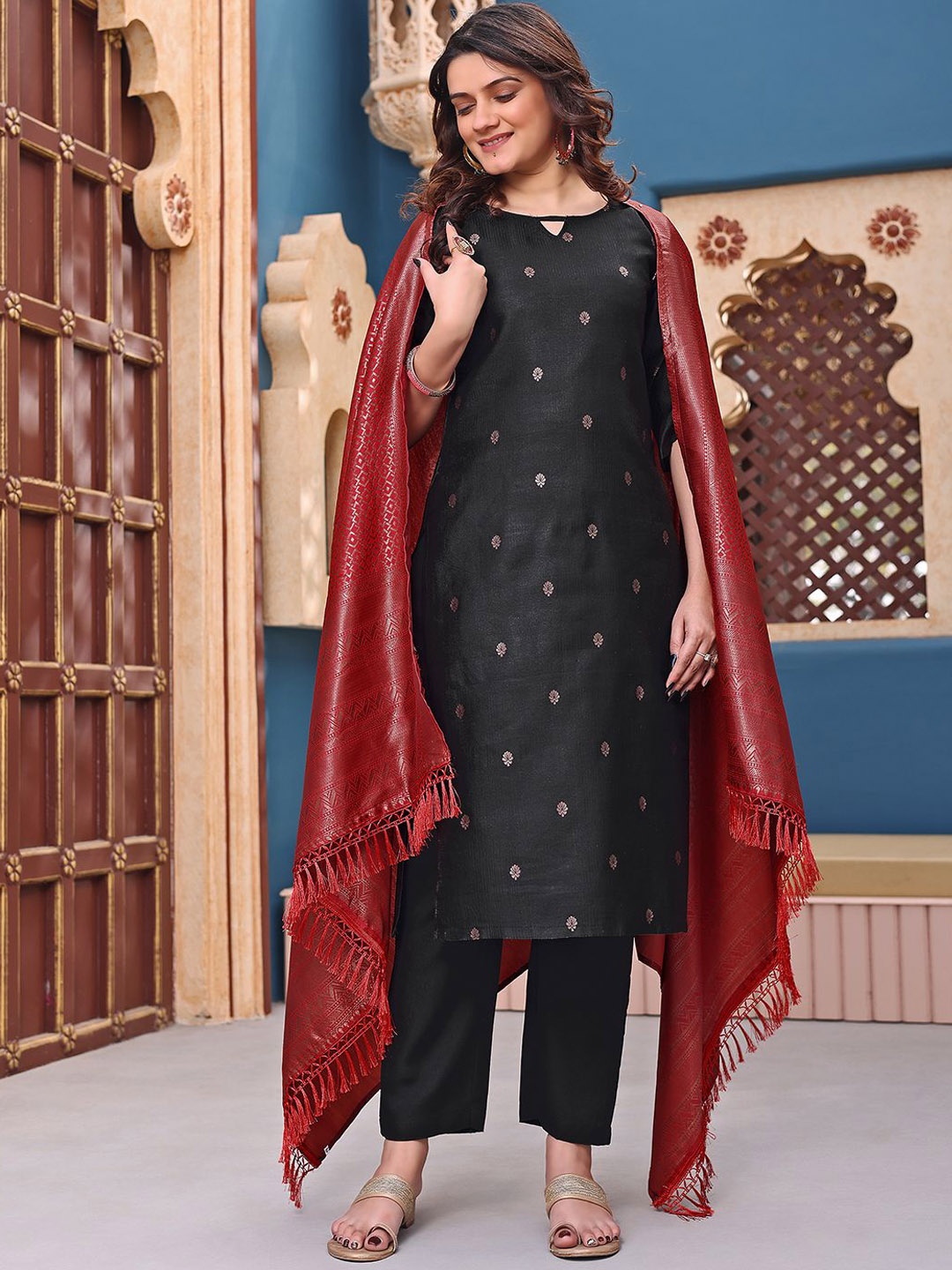 Kedar Fab Floral Woven Design Keyhole Neck Straight Kurta, Black