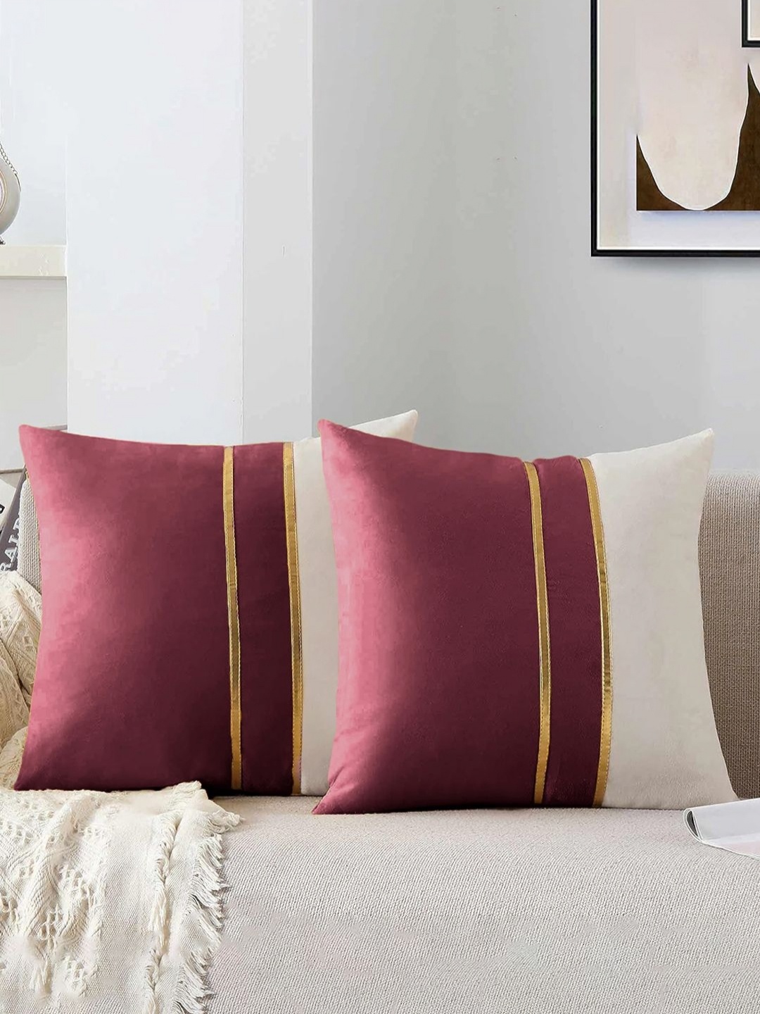 

AEROHAVEN Maroon & White 2 Pieces Patchwork Velvet Square Cushion Covers, Purple