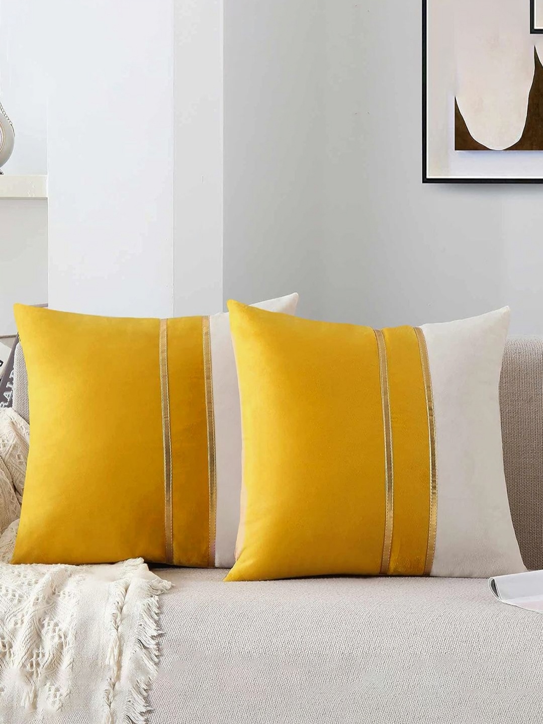 

AEROHAVEN Yellow And White 2 Pieces Velvet Square Cushion Covers
