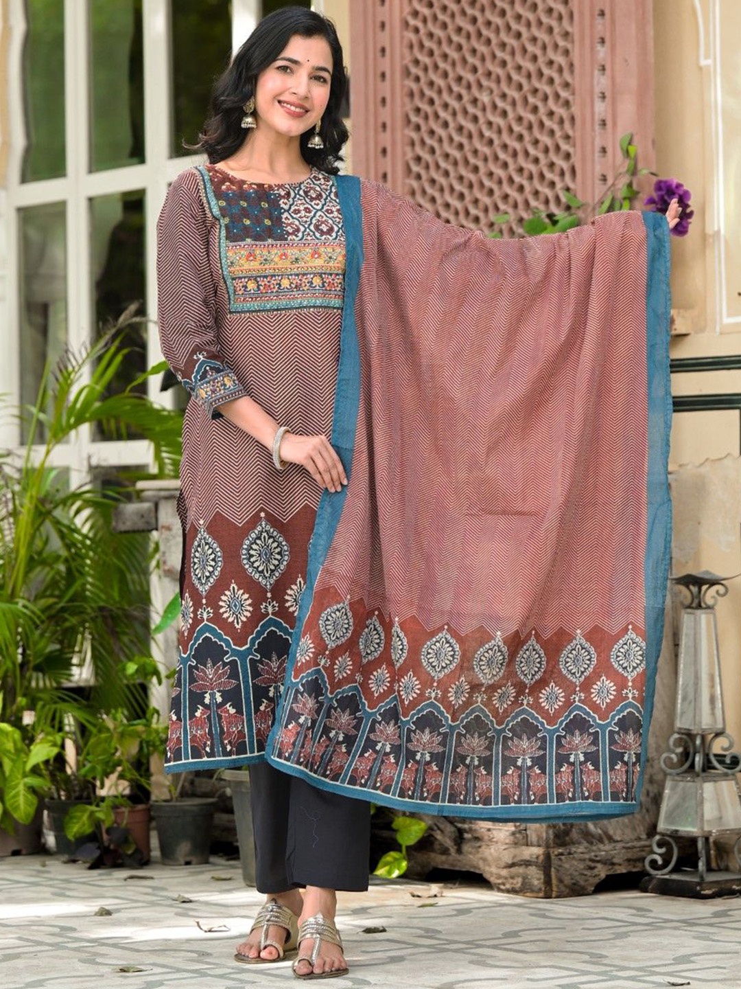 

AUTUMN LANE Floral Printed Pure Cotton Straight Kurta with Trousers & Dupatta, Brown