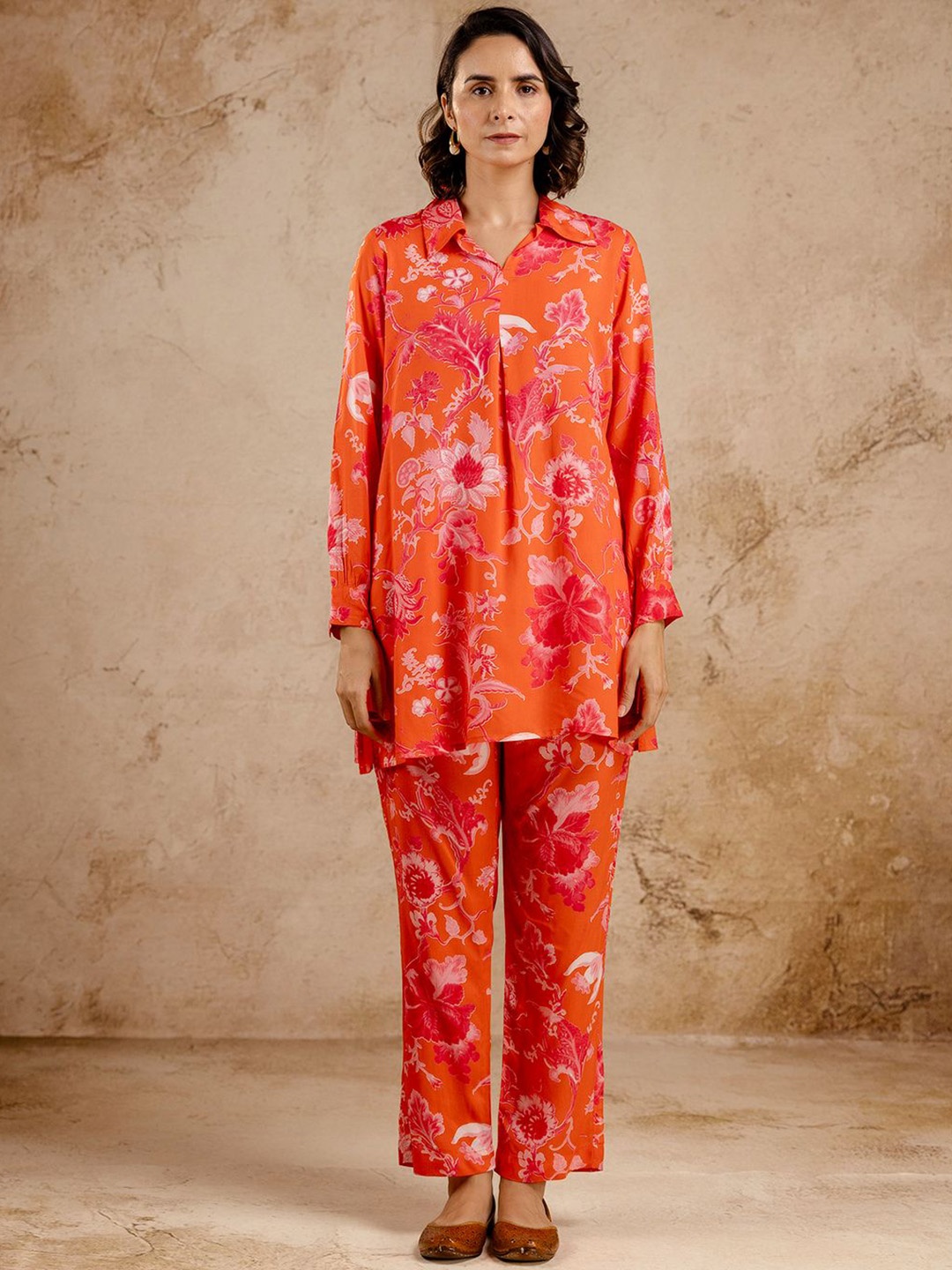 

Ekohum Floral Printed Polo Collar Tunic With Trouser, Orange