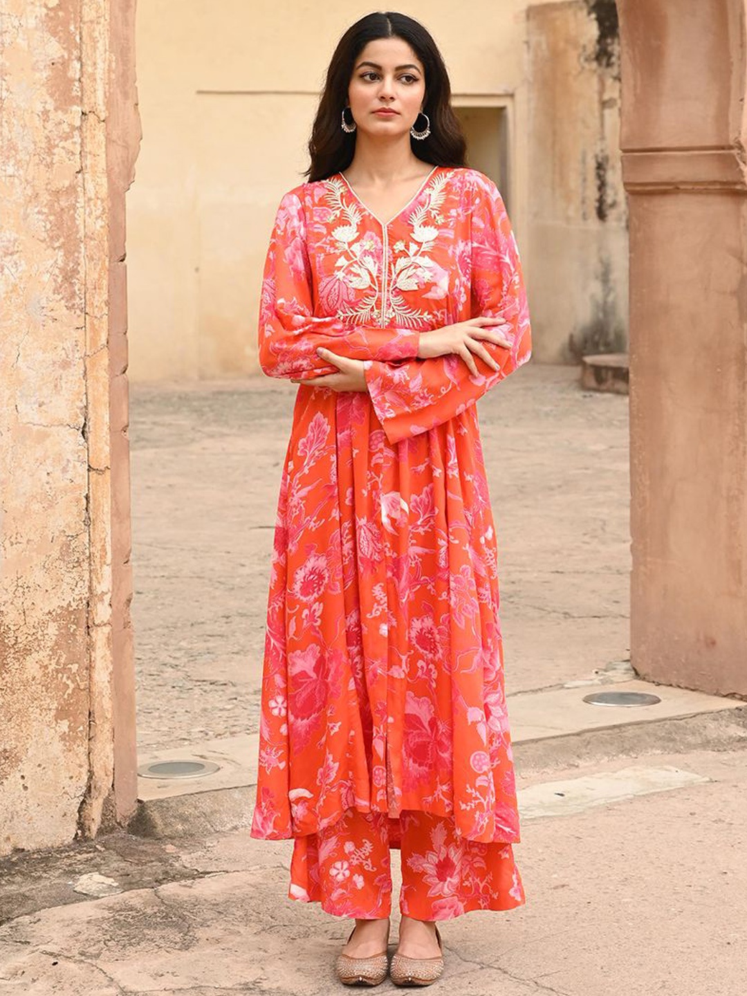 

Ekohum Floral Printed Polo Collar Tunic With Trouser, Orange