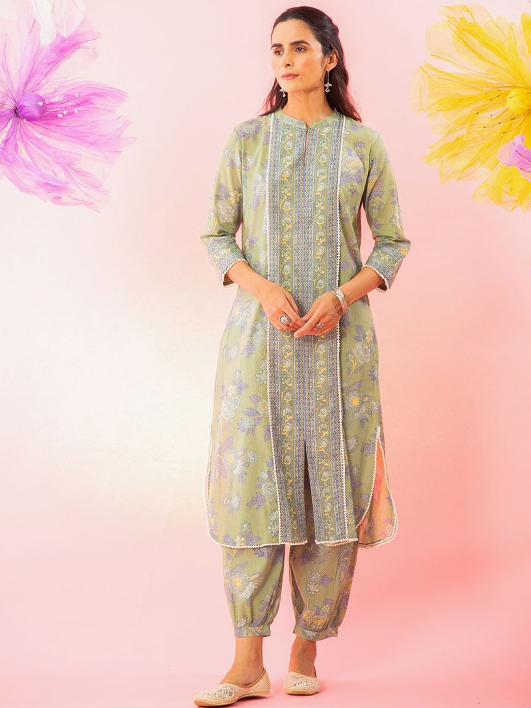 

Ekohum Floral Printed Mandarin Collar Pure Cotton Tunic And Trouser, Green