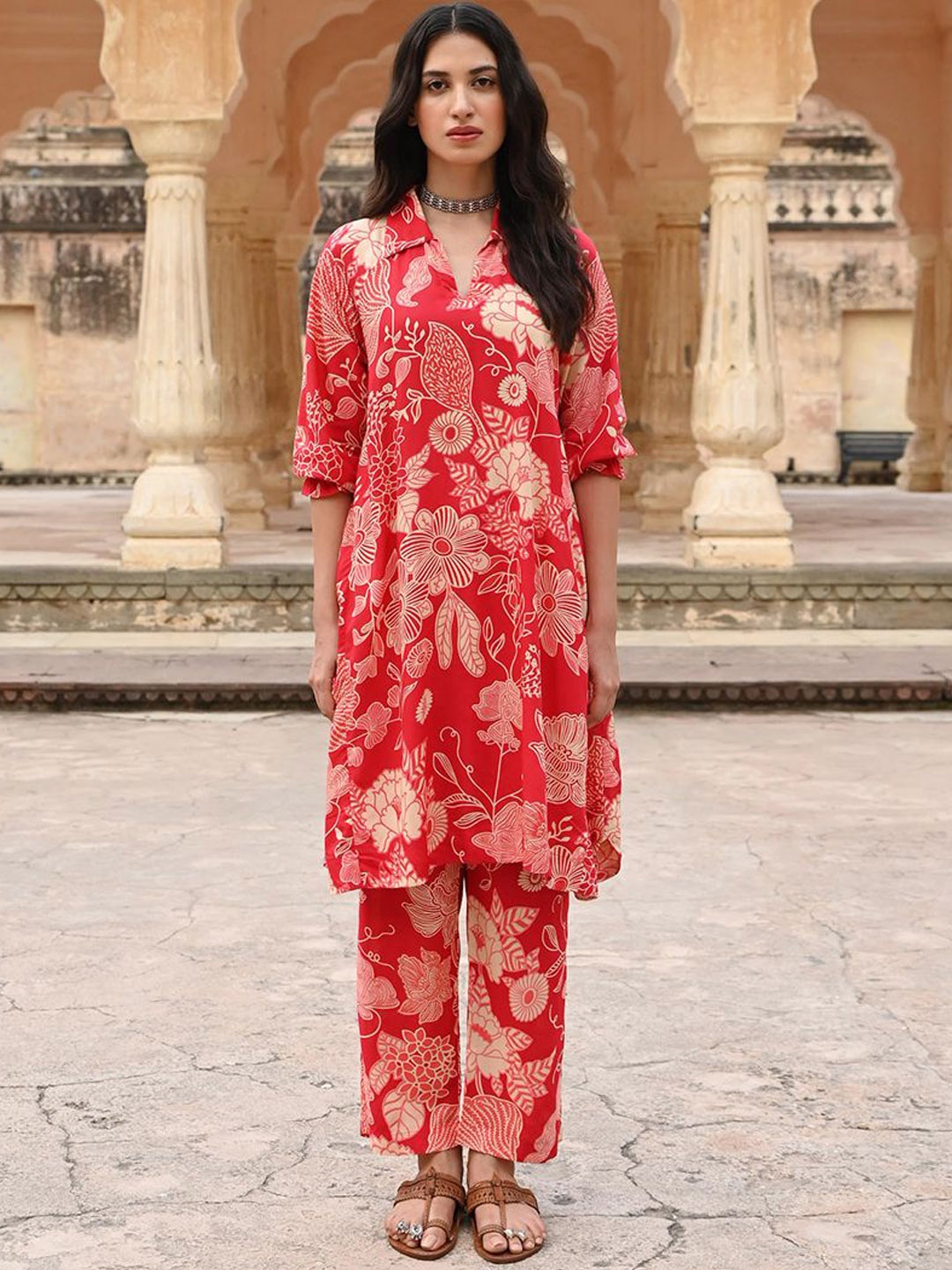 

Ekohum Floral Printed Polo Collar Tunic With Trouser, Red