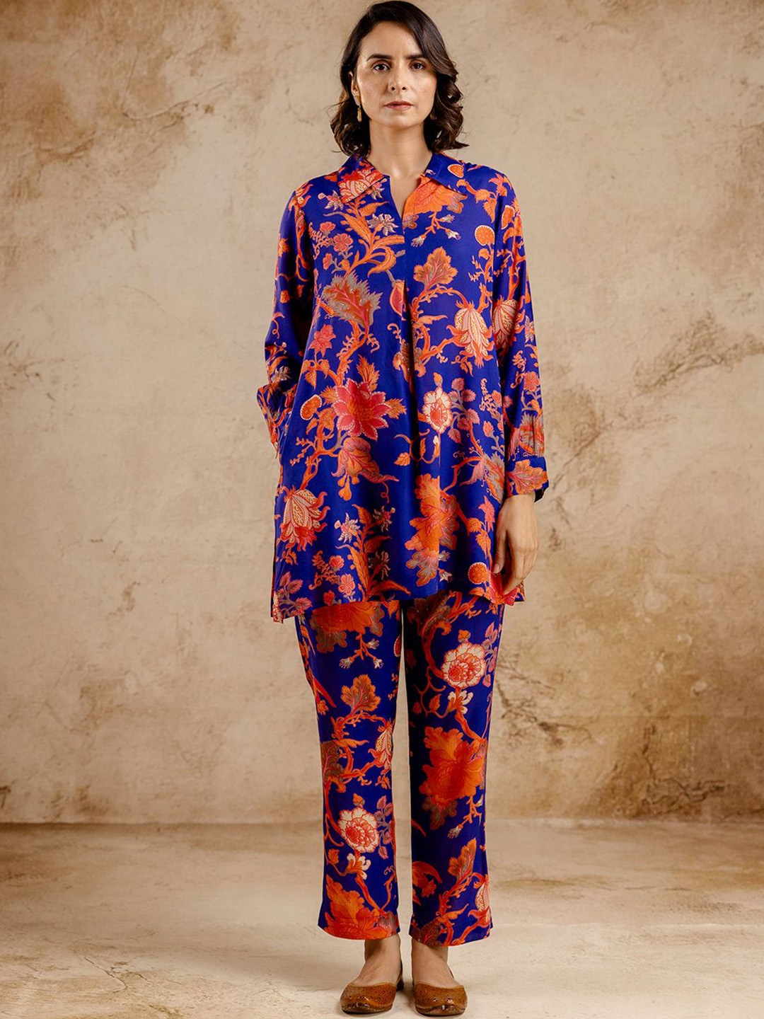 

Ekohum Floral Printed Polo Collar Tunic With Trouser, Blue
