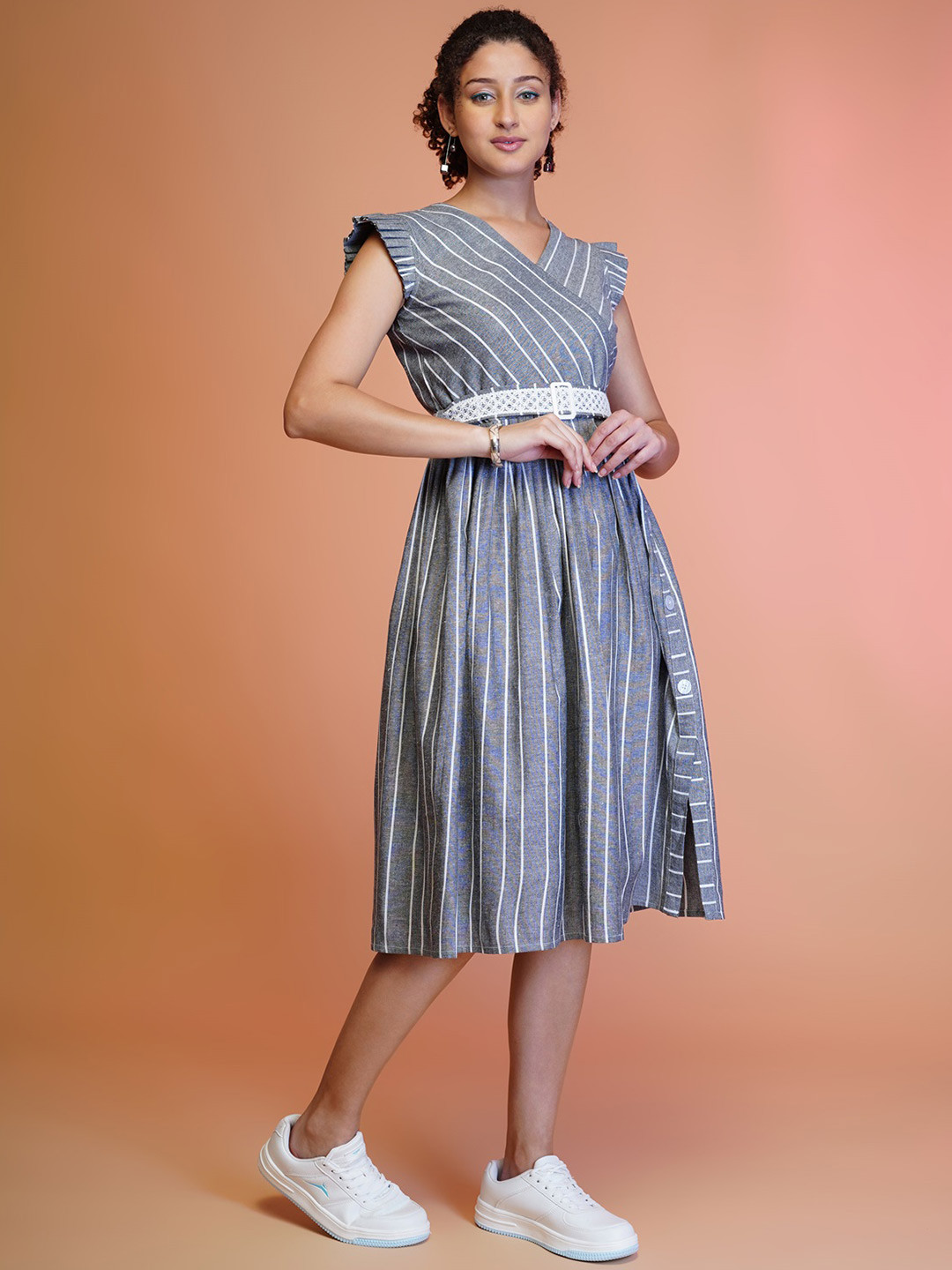 

YANAMORA Striped Flutter Sleeve Fit & Flare Dress, Grey