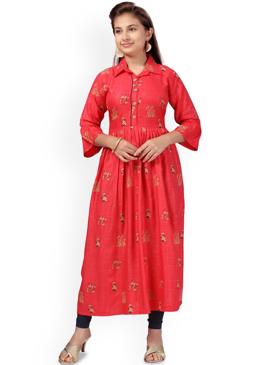 

BAESD Girls Floral Printed Shirt Collar Pleated Cotton Anarkali Kurta, Red