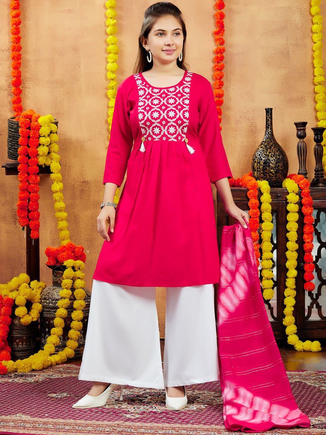 

BAESD Girls Floral Embroidered Cotton Pleated Round Neck A-Line Kurta, Red