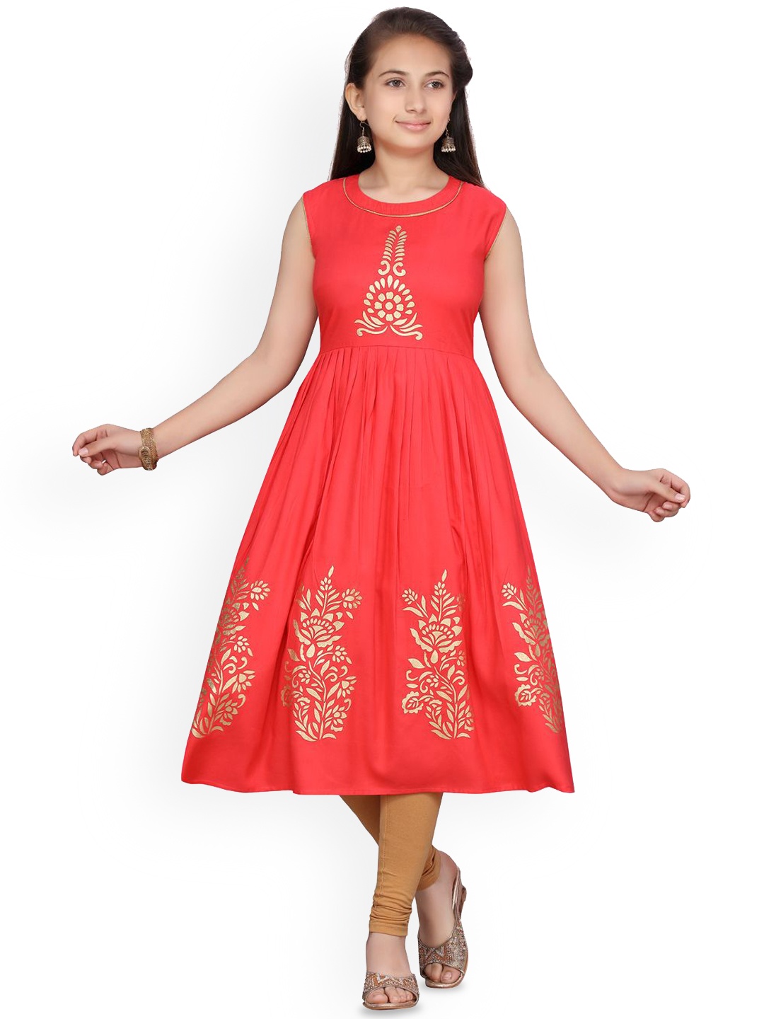 

BAESD Girls Floral Printed Round Neck Pure Cotton Anarkali Kurta, Red