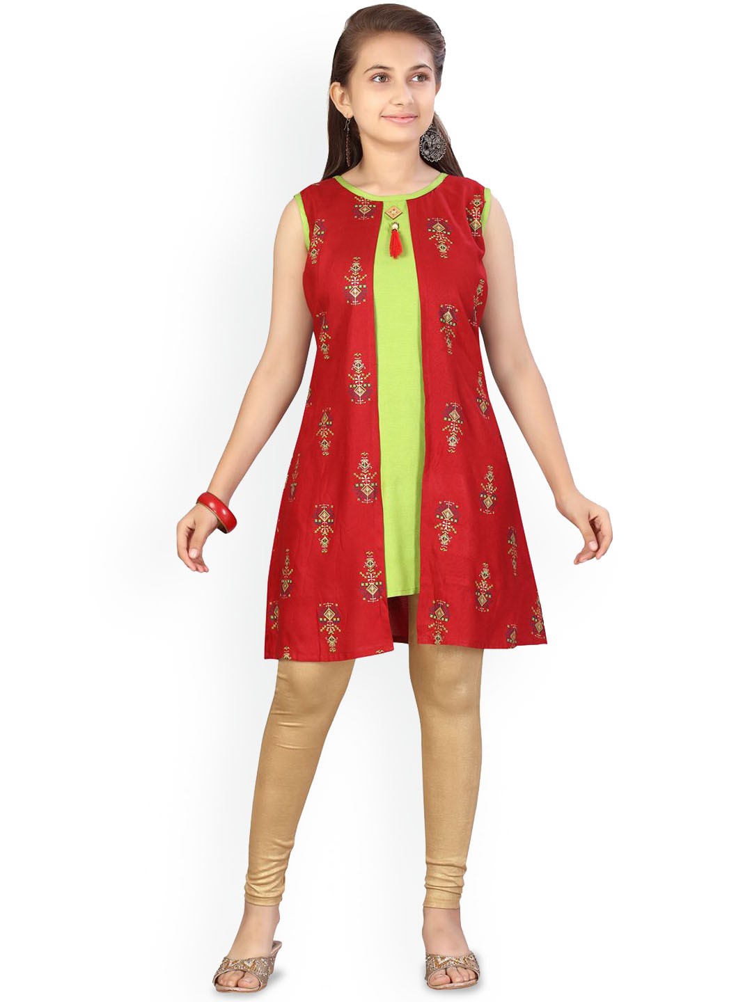

BAESD Girls Ethnic Motifs Printed Cotton Round Neck A-Line Kurta, Red